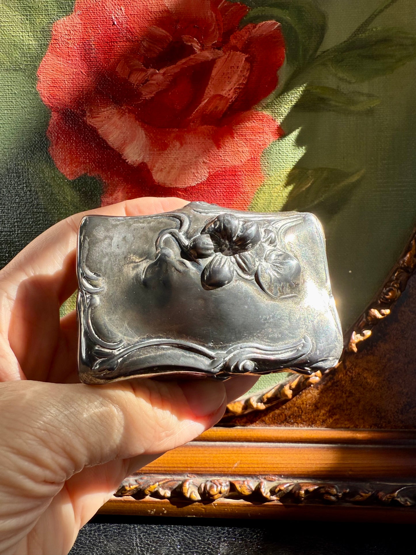 Antique Art Nouveau Metal Floral Casket Jewelry Box, from Early 20th Century, Made by Jennings Brothers (JB 181)