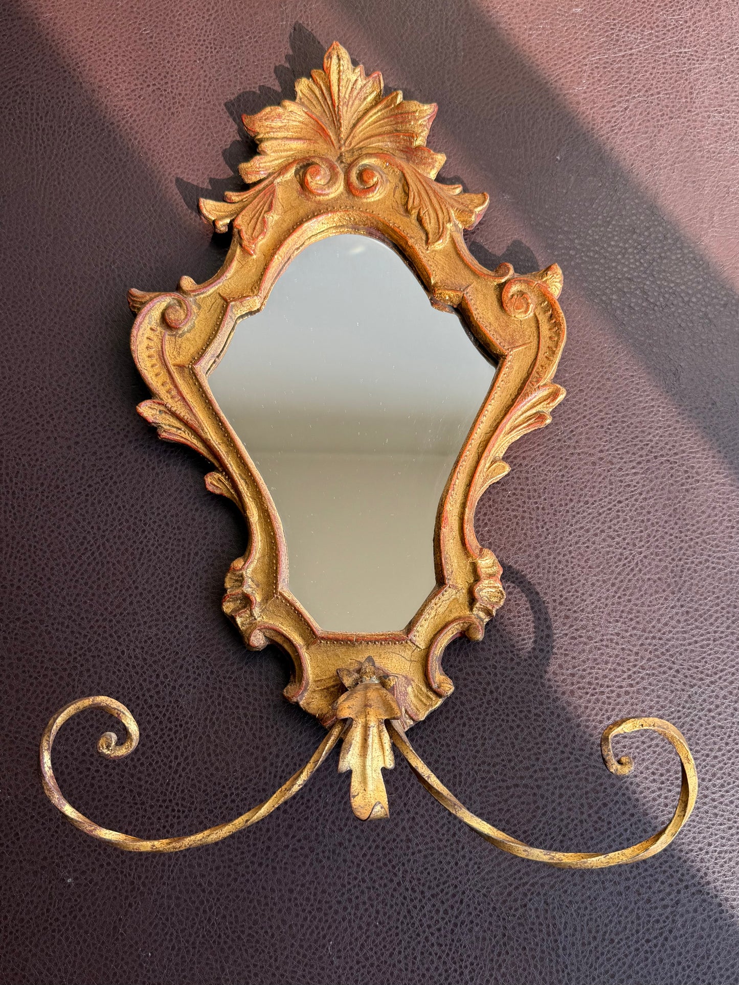 1950s Italian Florentine Rococo Vintage Gilded Wood Wall Mirror with Metal Towel Holder