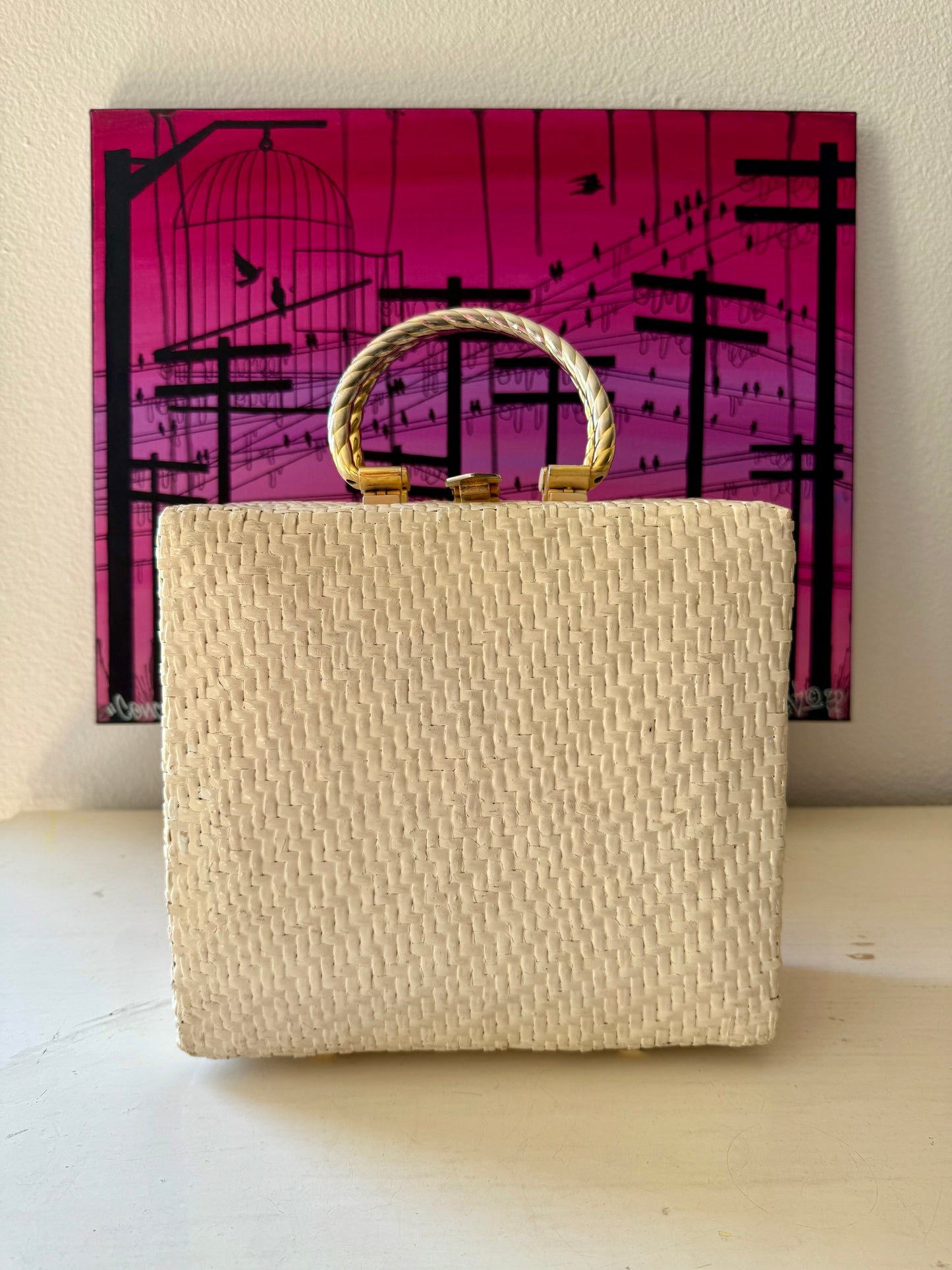 1950s Vintage KORET Elegant White Wicker Luxury Purse/Handbag, Made in Italy, Excellent Condition