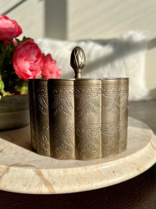 Elaborately Etched Vintage Silver Plated Trinket Box/ Jewelry Box with Scalloped Edge, Oval Shaped - Made in Hong Kong