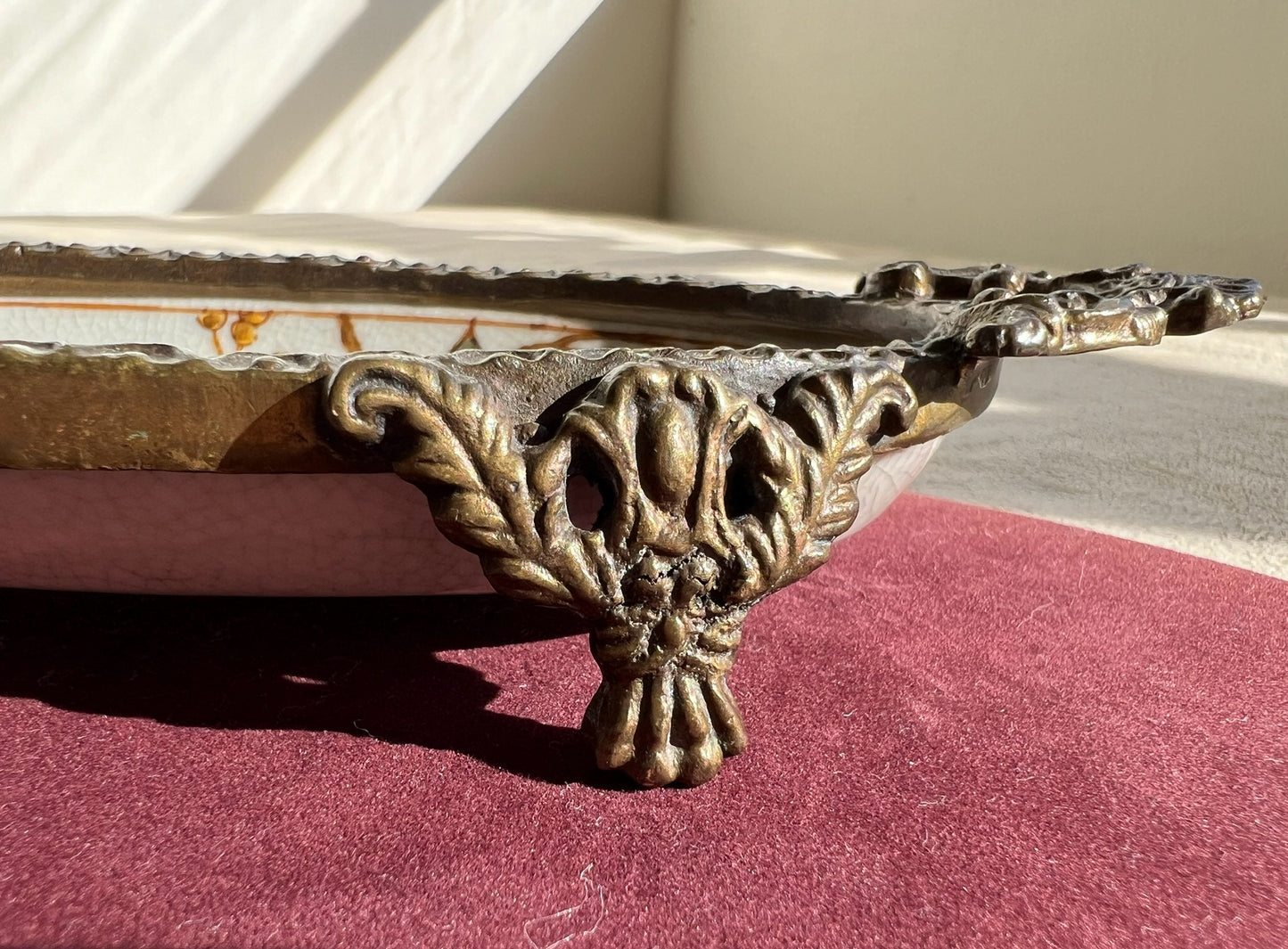 Vintage Chinese Brass and Porcelain Footed Floral Soap Dish Or Trinket Dish