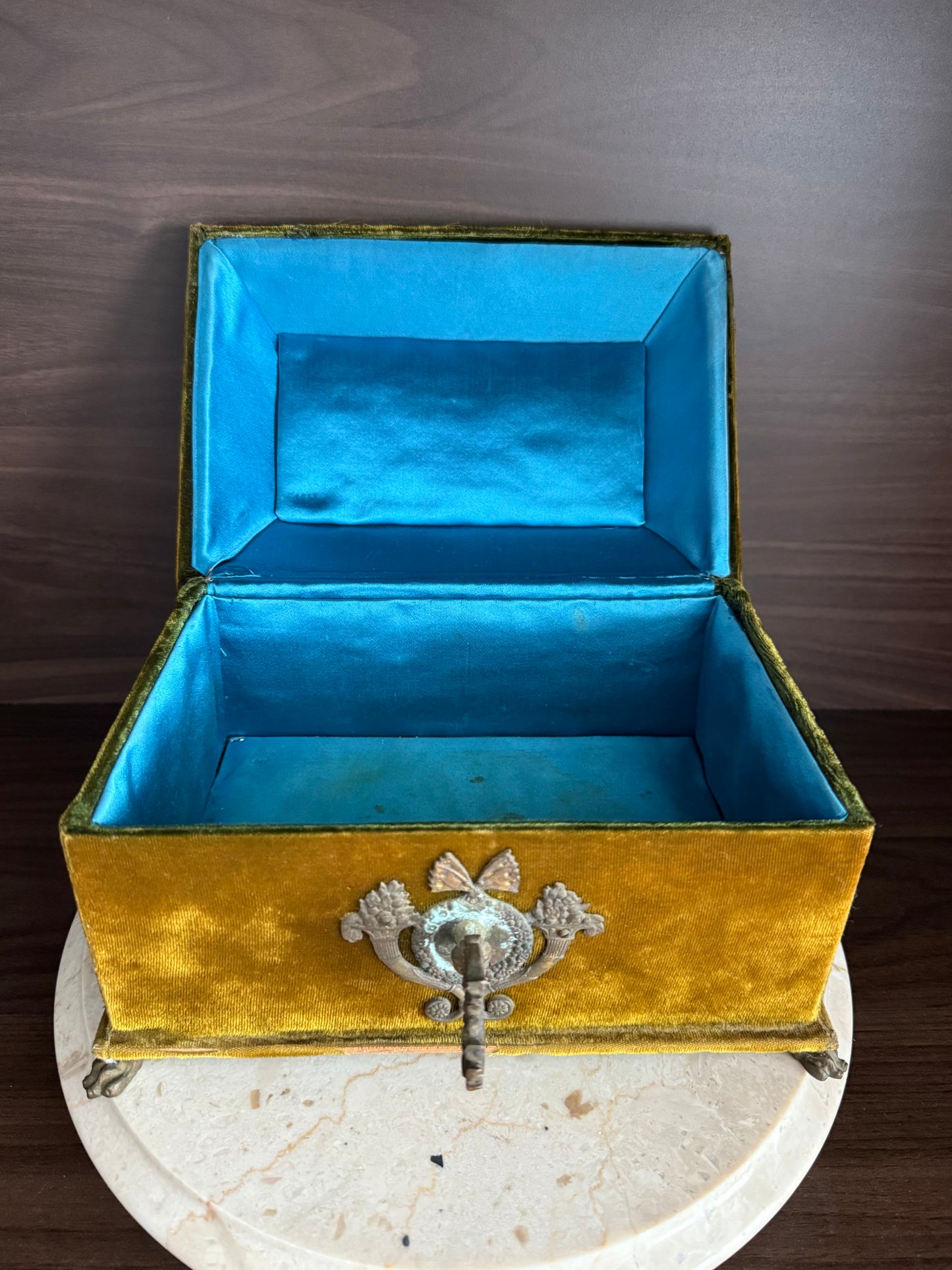 Antique Victorian Jewelry Box “Boudoir” or Sewing Box in Mustard/ Golden/ Green Velvet, Inside Blue Silk from the Early 20th Century