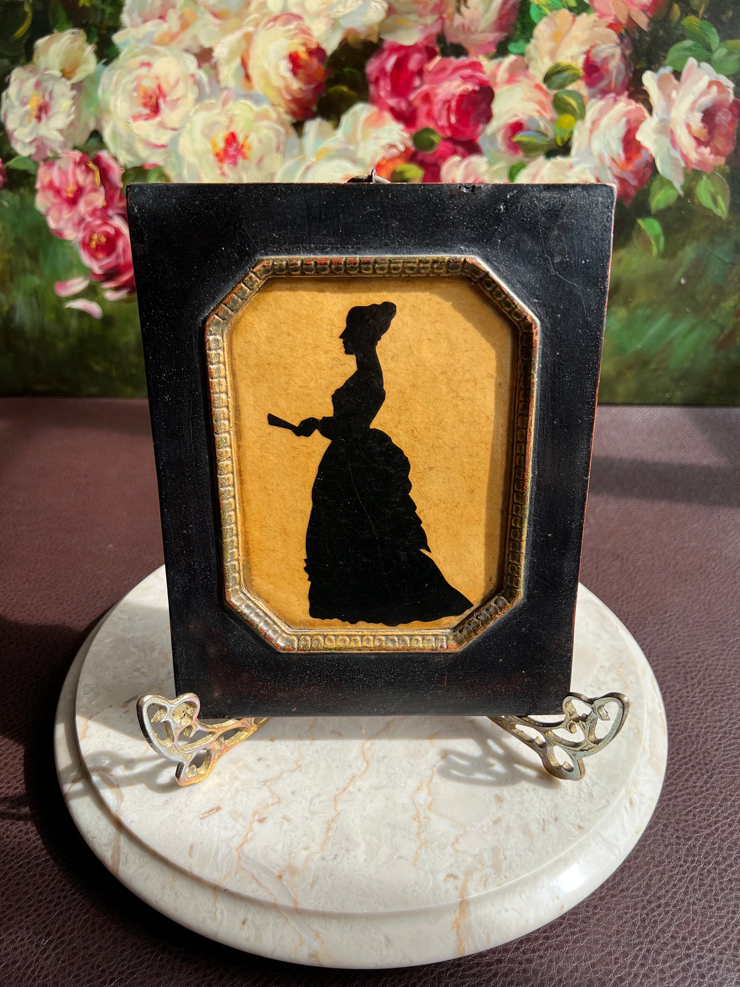 Antique Style Borghese Silhouette Plaque Portrait of a Victorian Lady and Gentleman with Wooden Framed (2 pc, a pair)