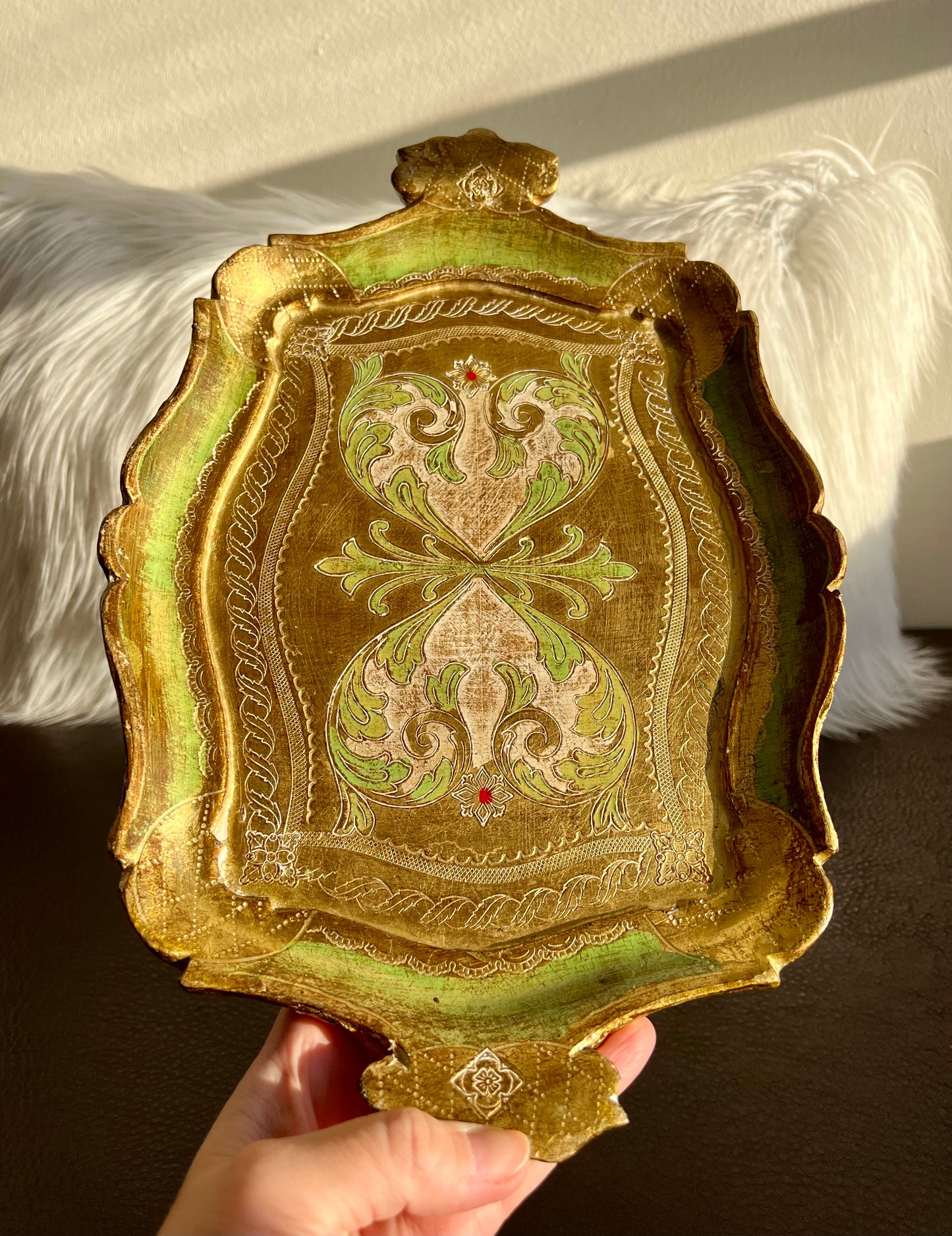 Florentine Italian Style Gold Gilded Vintage Decorative Wooden Tray Green and Gold