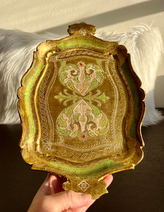 Florentine Italian Style Gold Gilded Vintage Decorative Wooden Tray Green and Gold