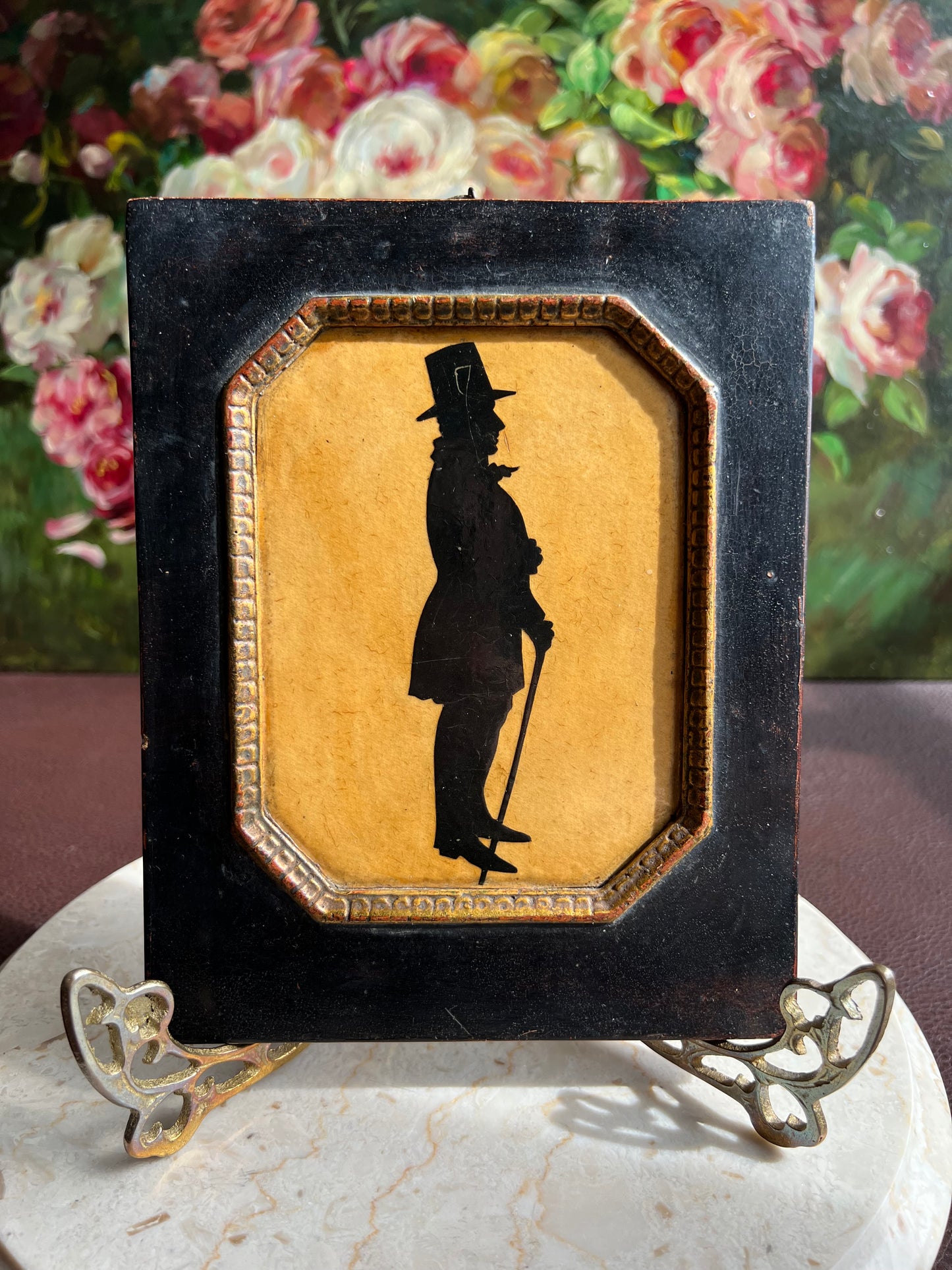 Antique Style Borghese Silhouette Plaque Portrait of a Victorian Lady and Gentleman with Wooden Framed (2 pc, a pair)