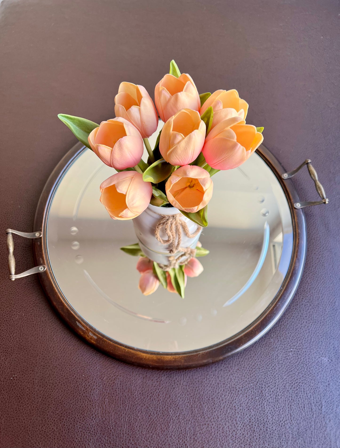 Big Wooden Table Mirror Tray Round Shaped with Two Brass Handles