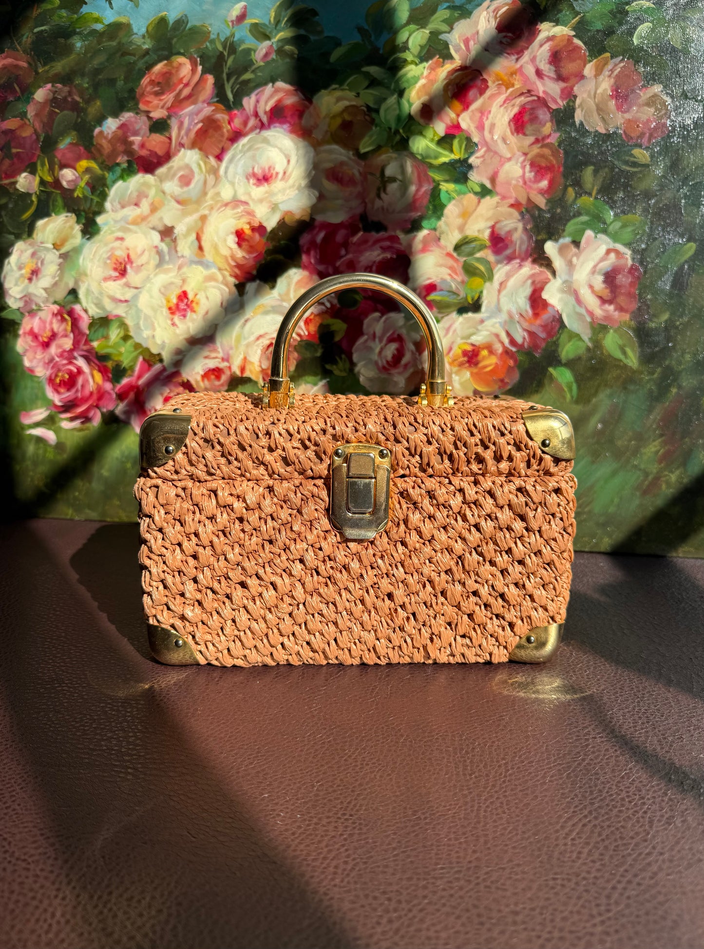 Italian Luxury Vintage Box Purse Mod Woven Raffia Brown Handbag, from the 50s or 60s