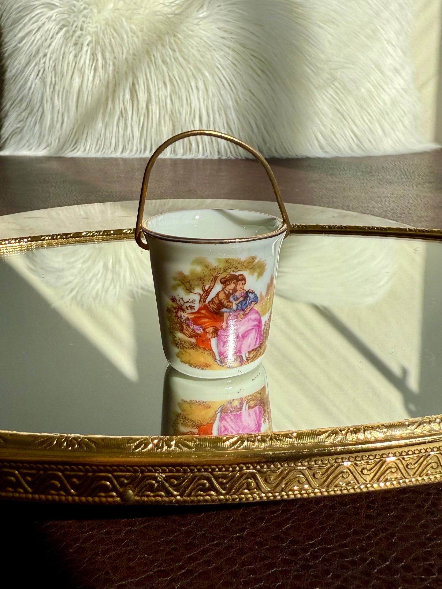 Limoges Miniature Vintage Porcelain Bucket/ Pail with Handle, Decorated with a Courting Couple, Made in France