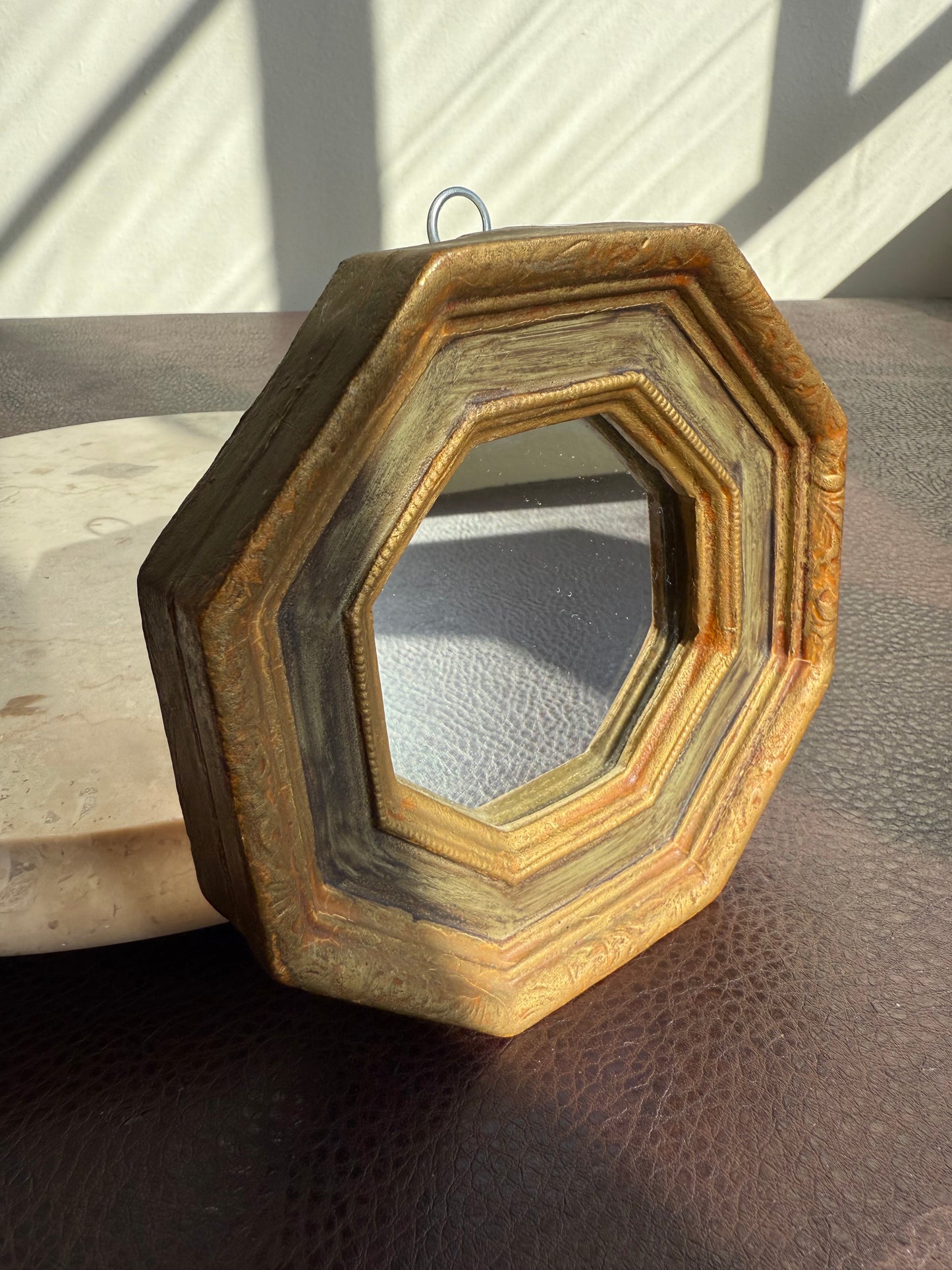Italian Florentine Gold gilded Wooden Framed Mini Octagon Vintage Wall Mirror