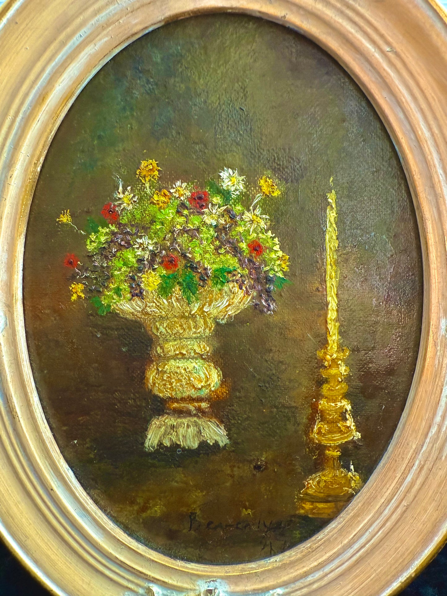 Still Life Signed Vintage Oval Oil Painting with Decorative Wooden Frame