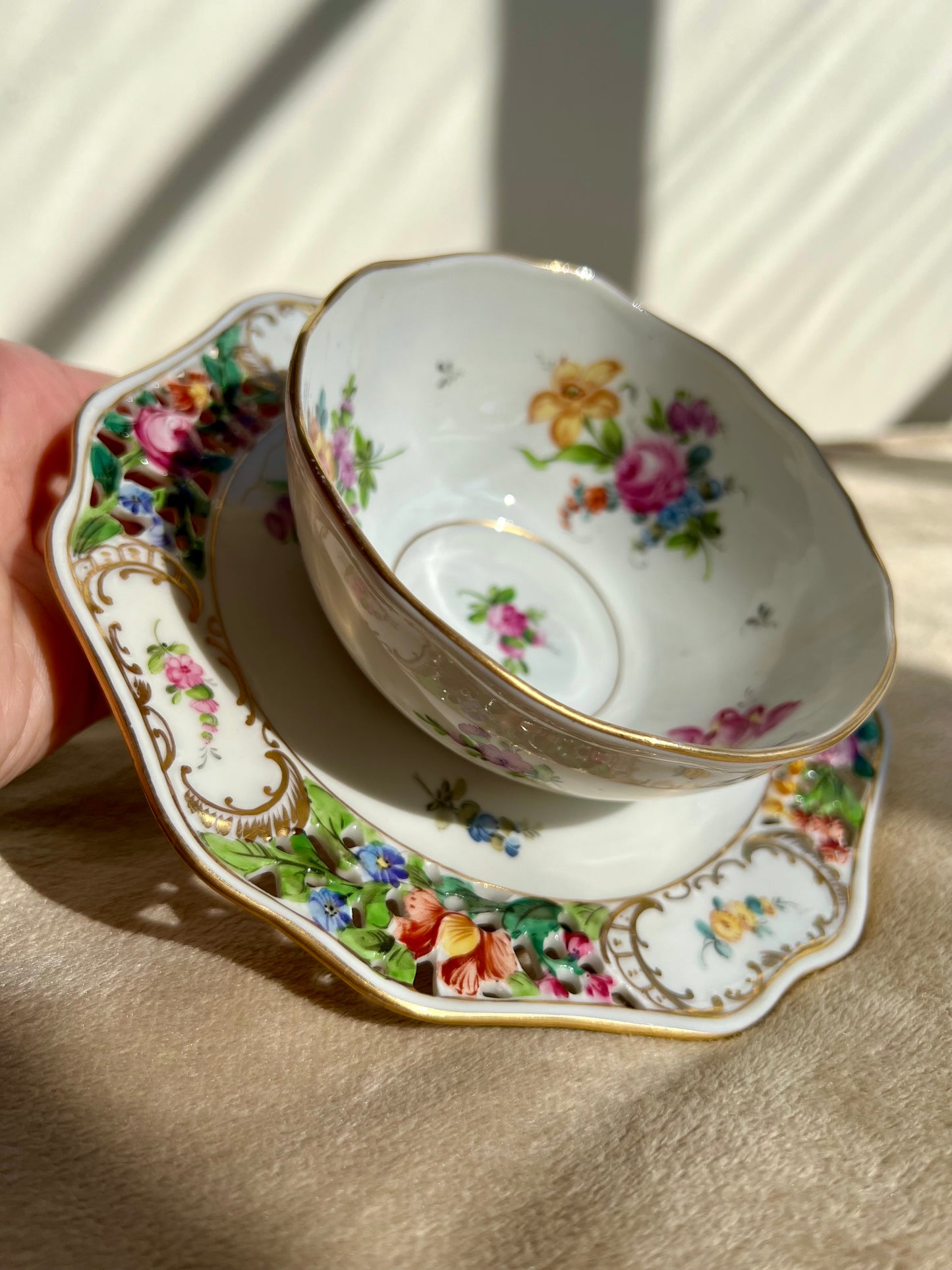 DRESDEN Carl Thieme Vintage Reticulated Roses Flower Porcelain Bowl & Underplate
