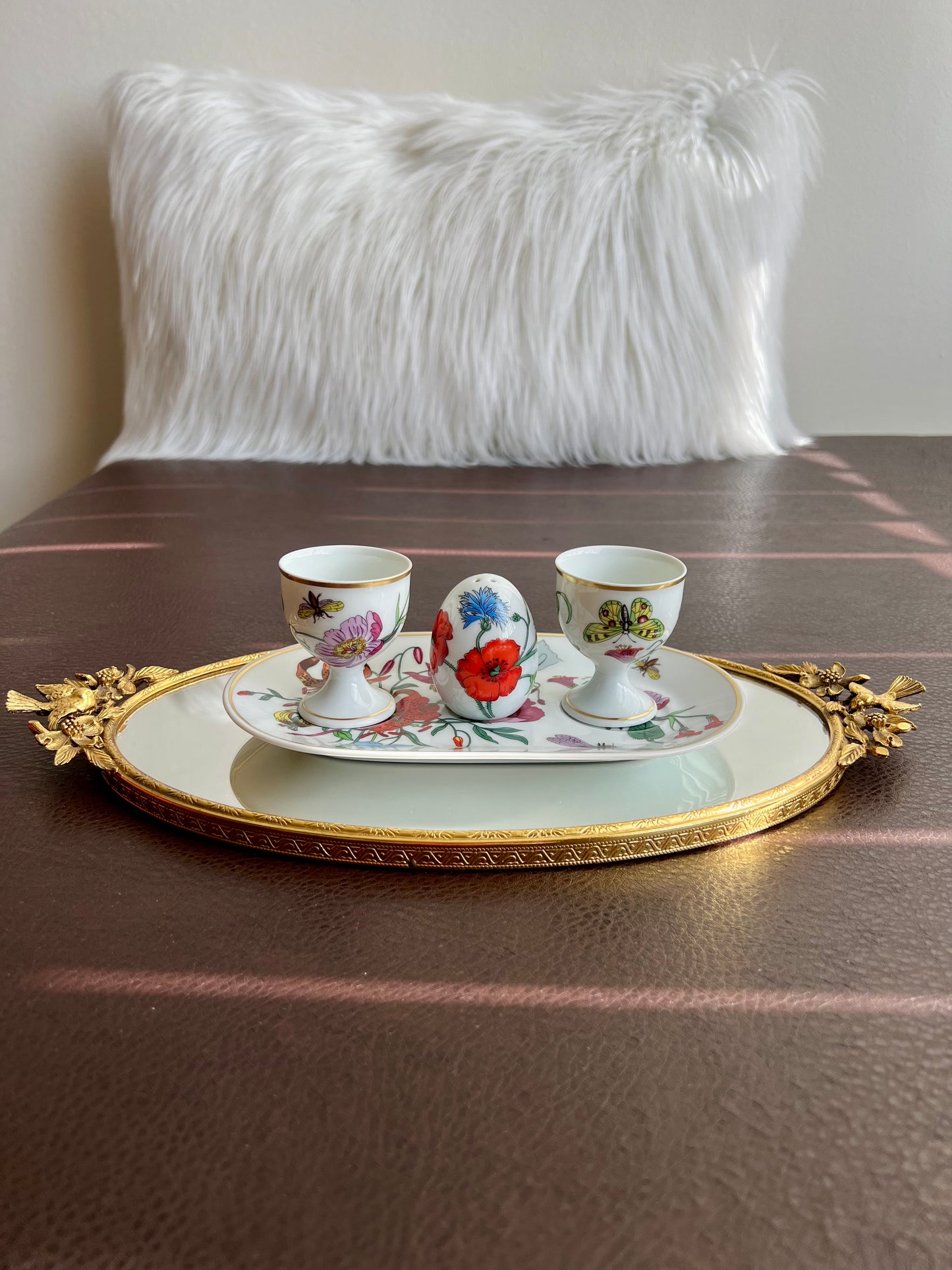 1980s Gucci Bernardaud Limoges Floral & Butterfly Print Porcelain Egg Cup and Salt Shaker Set, Made in France