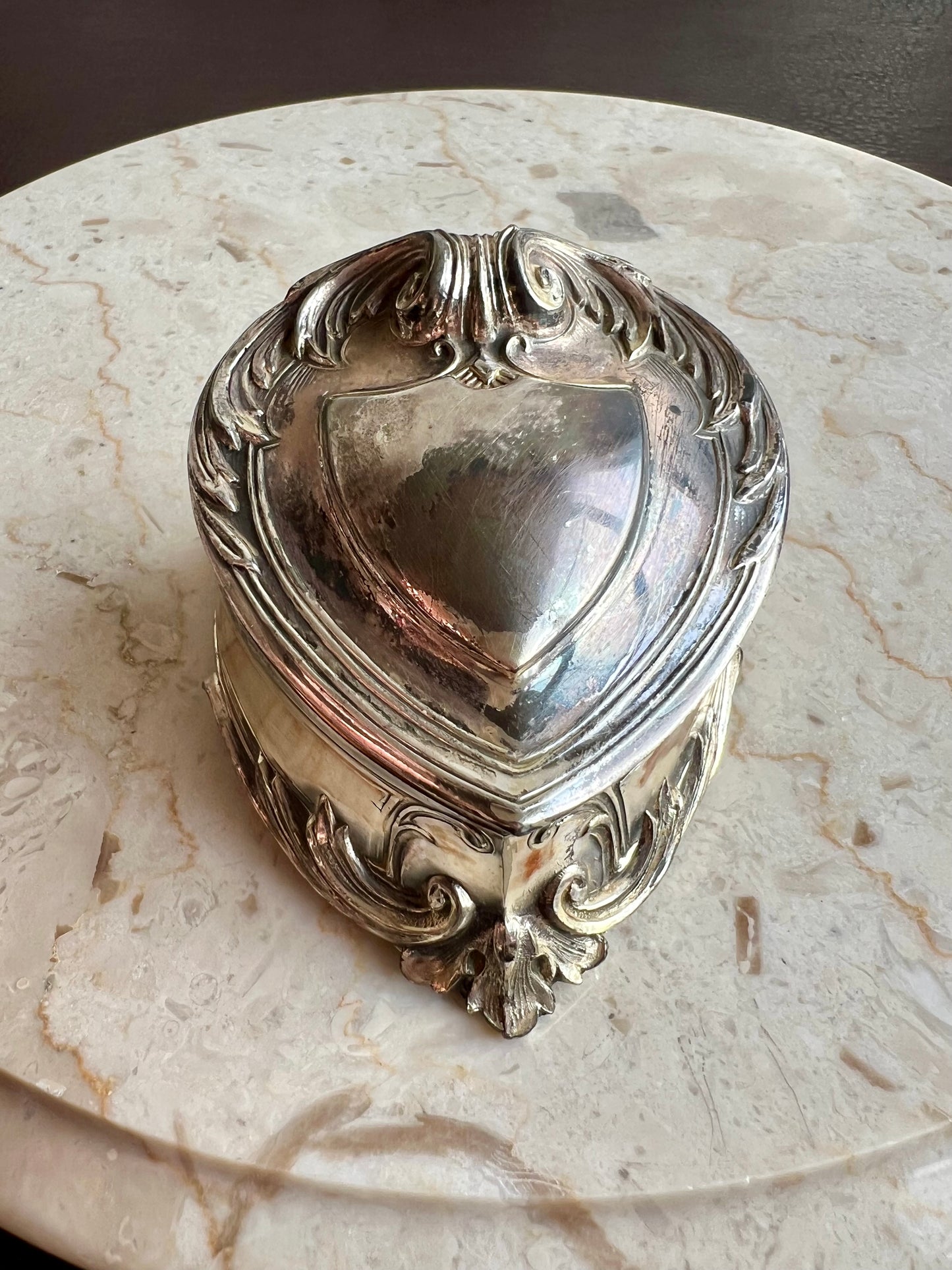 Antique Art Nouveau Silver Plated Heart Shaped Vintage Jewelry Ring Holder, Trinket Box, Blue Velvet Lined Interior