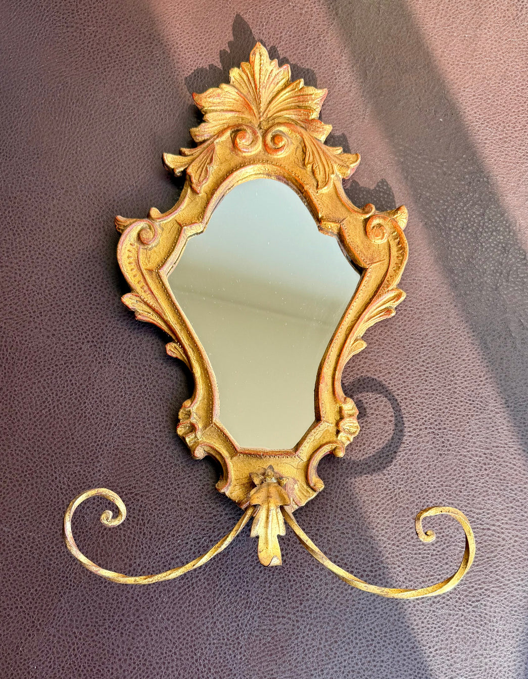 1950s Italian Florentine Rococo Vintage Gilded Wood Wall Mirror with Metal Towel Holder