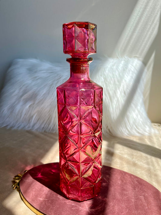 Vintage Pink Diamond Pressed Glass Liquor Bottle Decanter With Stopper