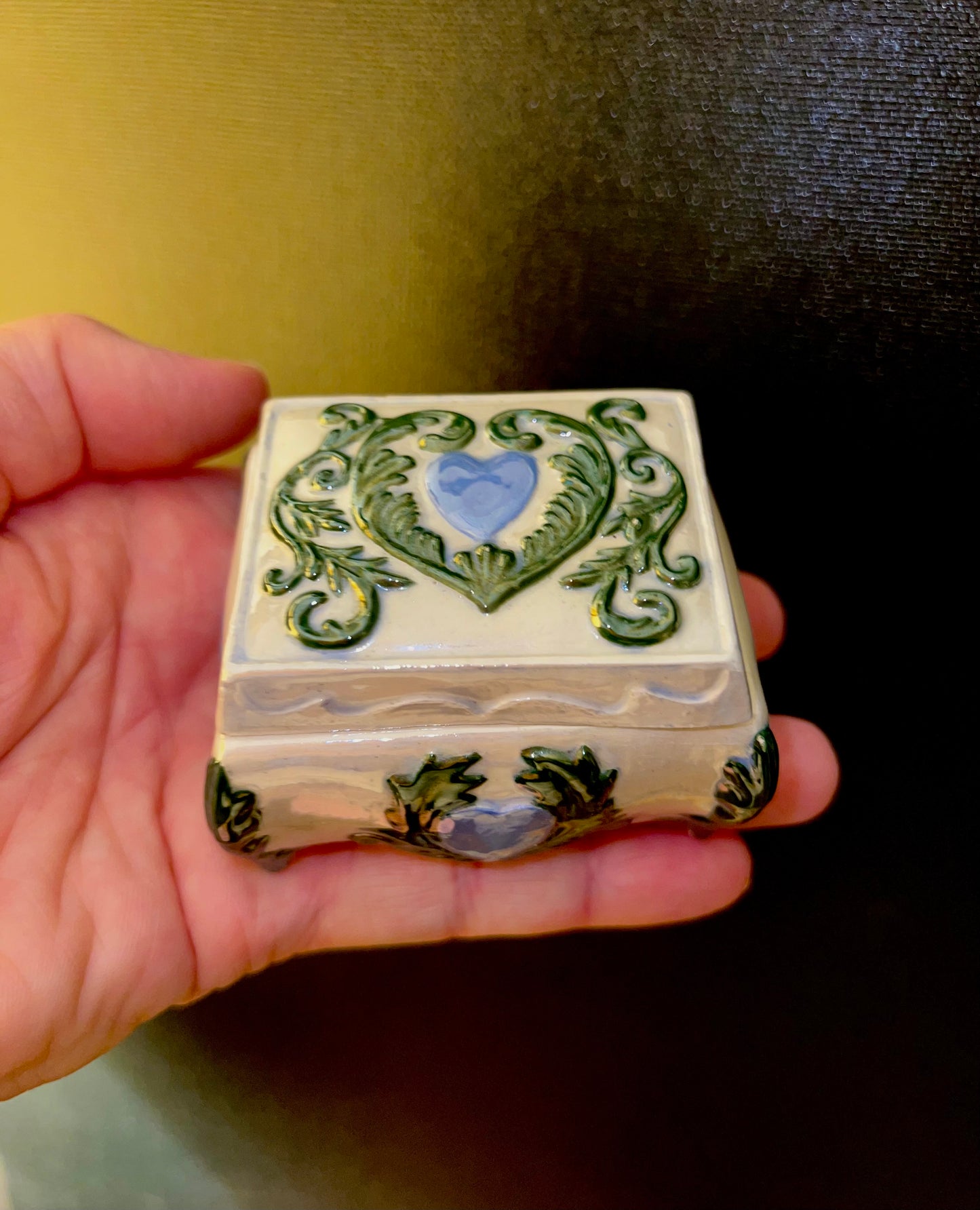 Green Floral & Blue Heart Vintage Small Ceramics Jewelry Box