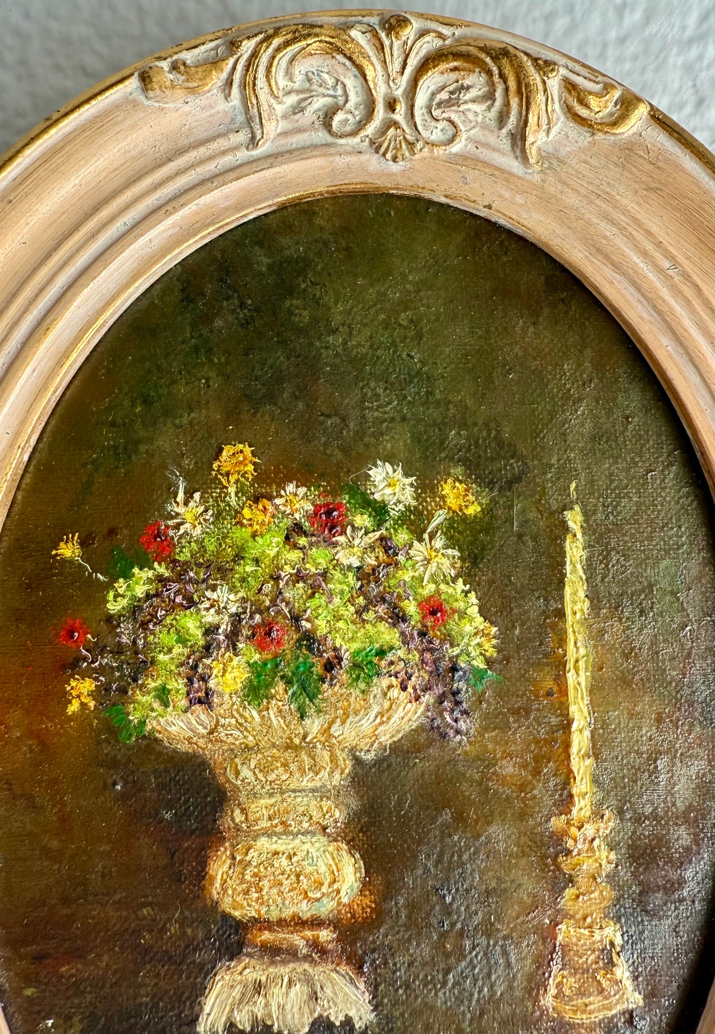Still Life Signed Vintage Oval Oil Painting with Decorative Wooden Frame