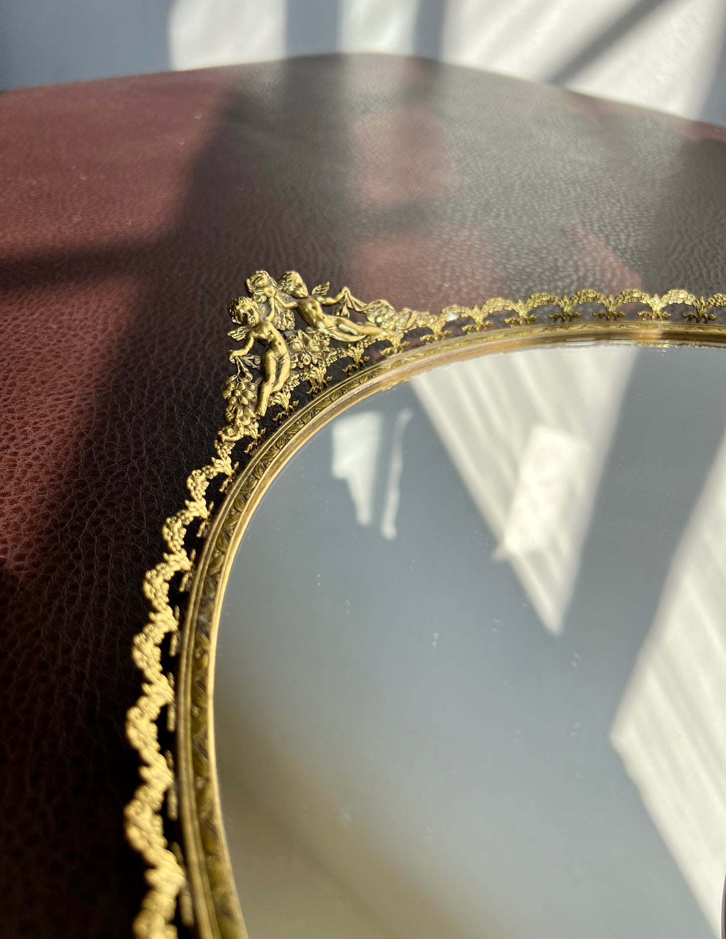 Cherubs Angels Brass Gold Vintage Ormolu Mirror Vanity Tray Oval