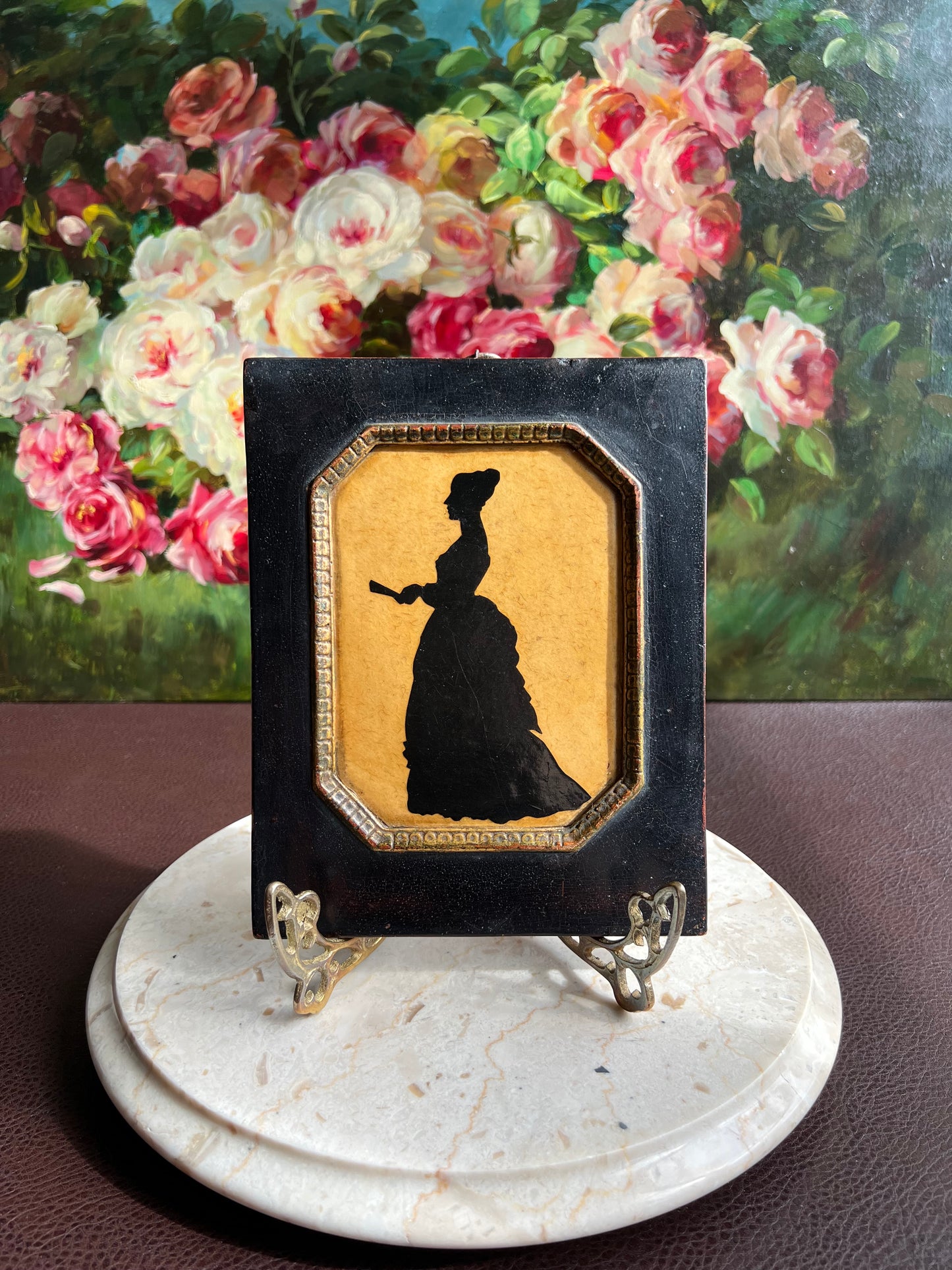 Antique Style Borghese Silhouette Plaque Portrait of a Victorian Lady and Gentleman with Wooden Framed (2 pc, a pair)
