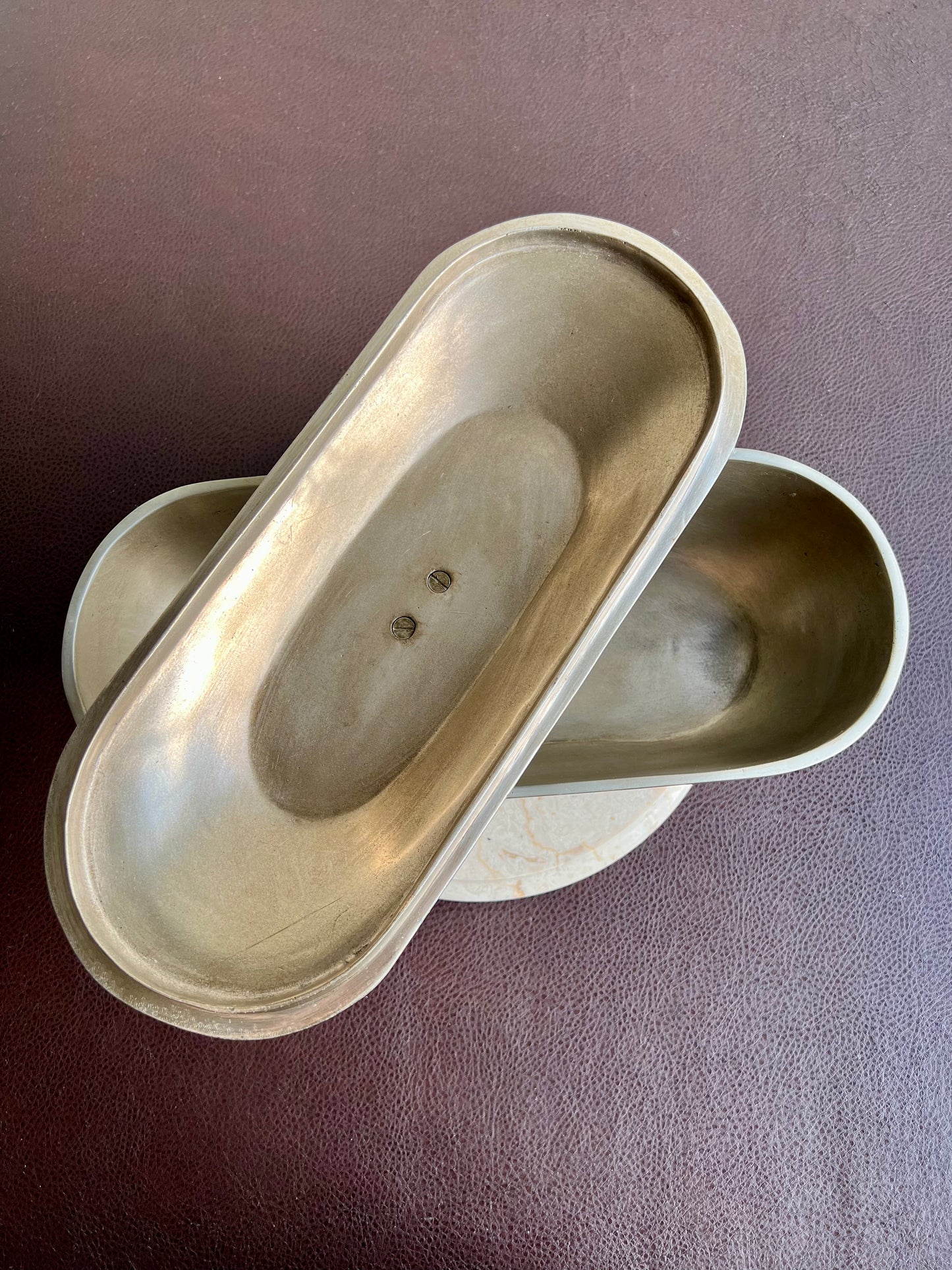 Art Deco Style Big Silver Plated Vintage Oval Metal Bowl with Decorative Flower Petal-shaped Lid, Numbered