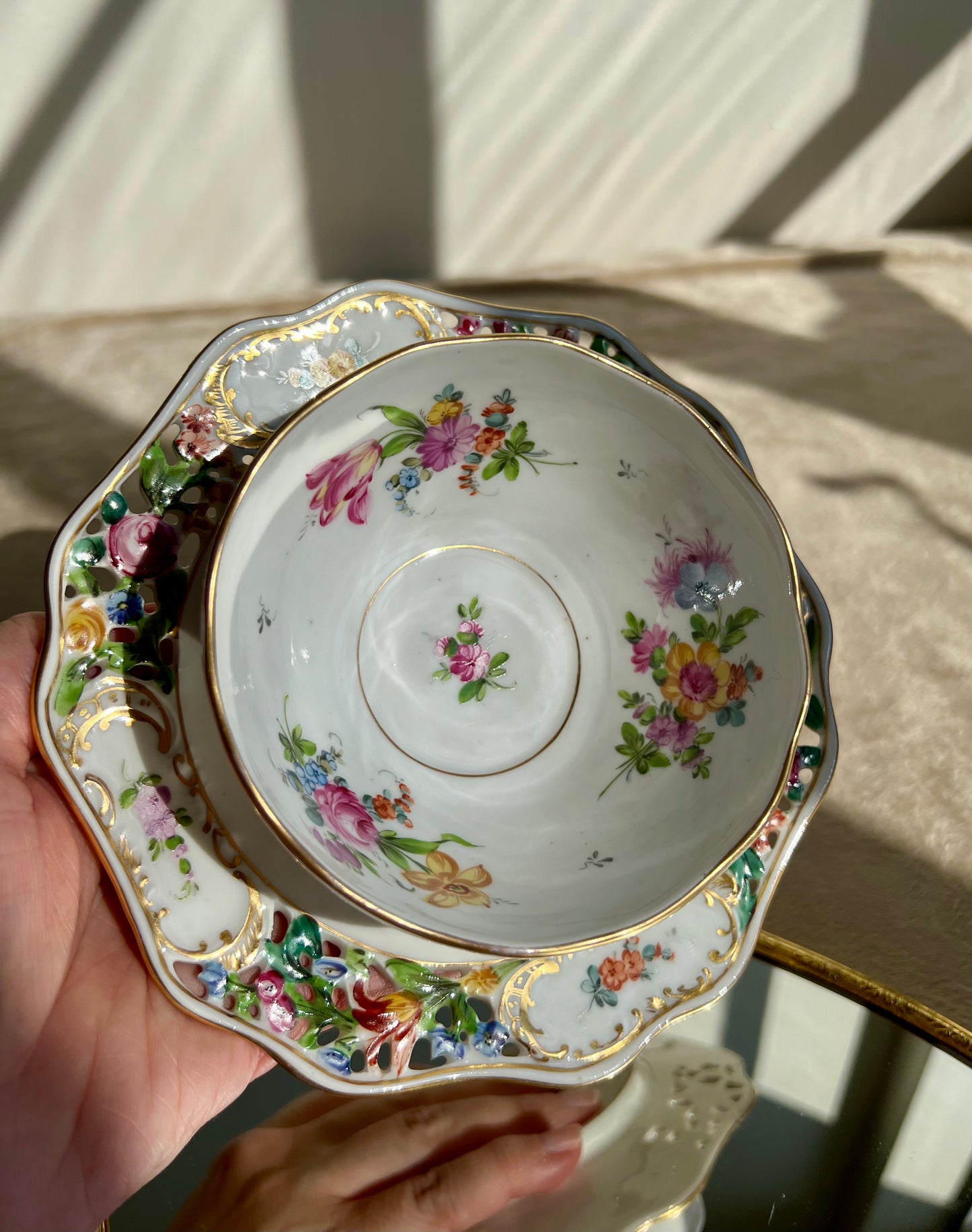DRESDEN Carl Thieme Vintage Reticulated Roses Flower Porcelain Bowl & Underplate
