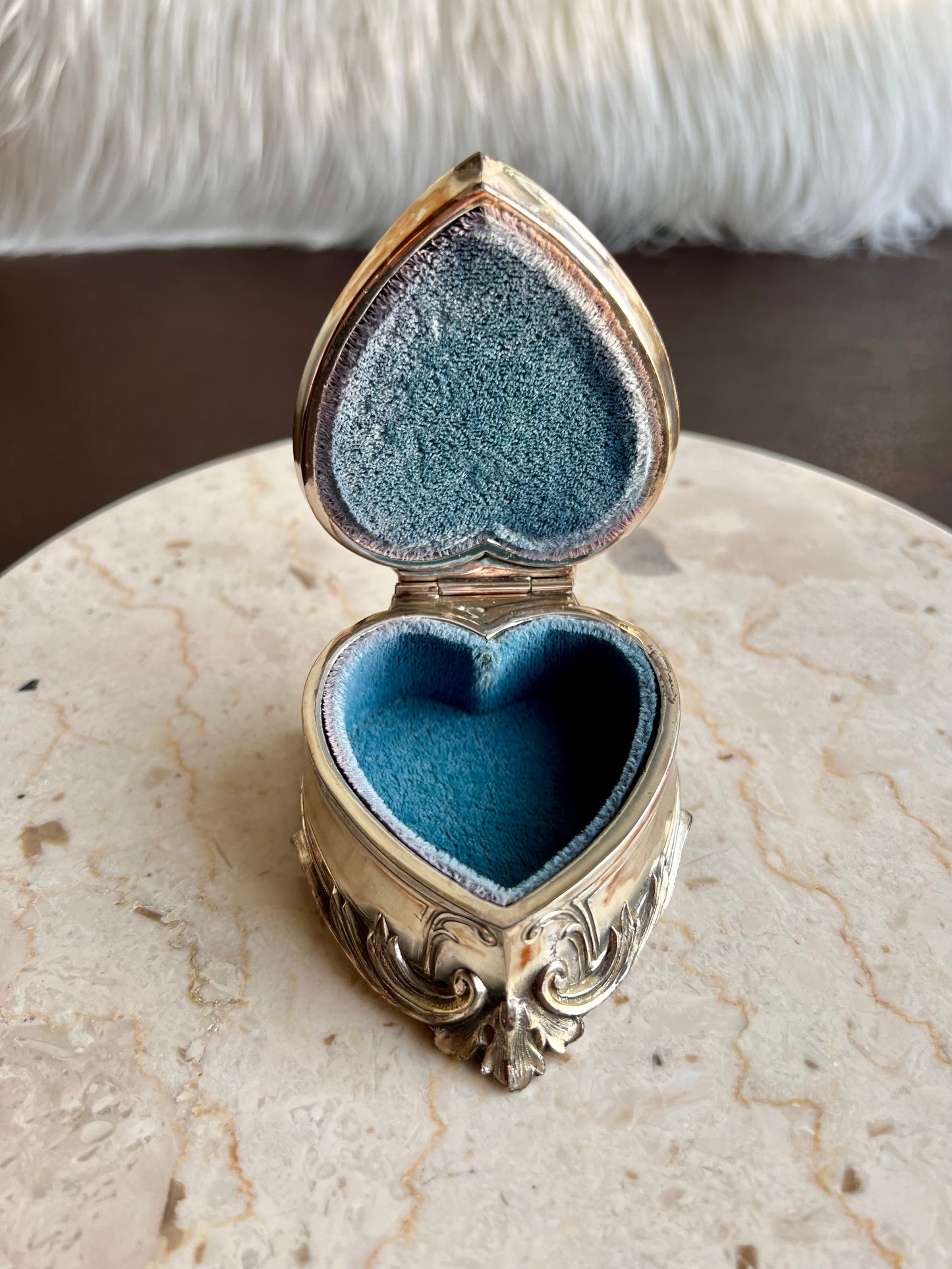 Antique Art Nouveau Silver Plated Heart Shaped Vintage Jewelry Ring Holder, Trinket Box, Blue Velvet Lined Interior