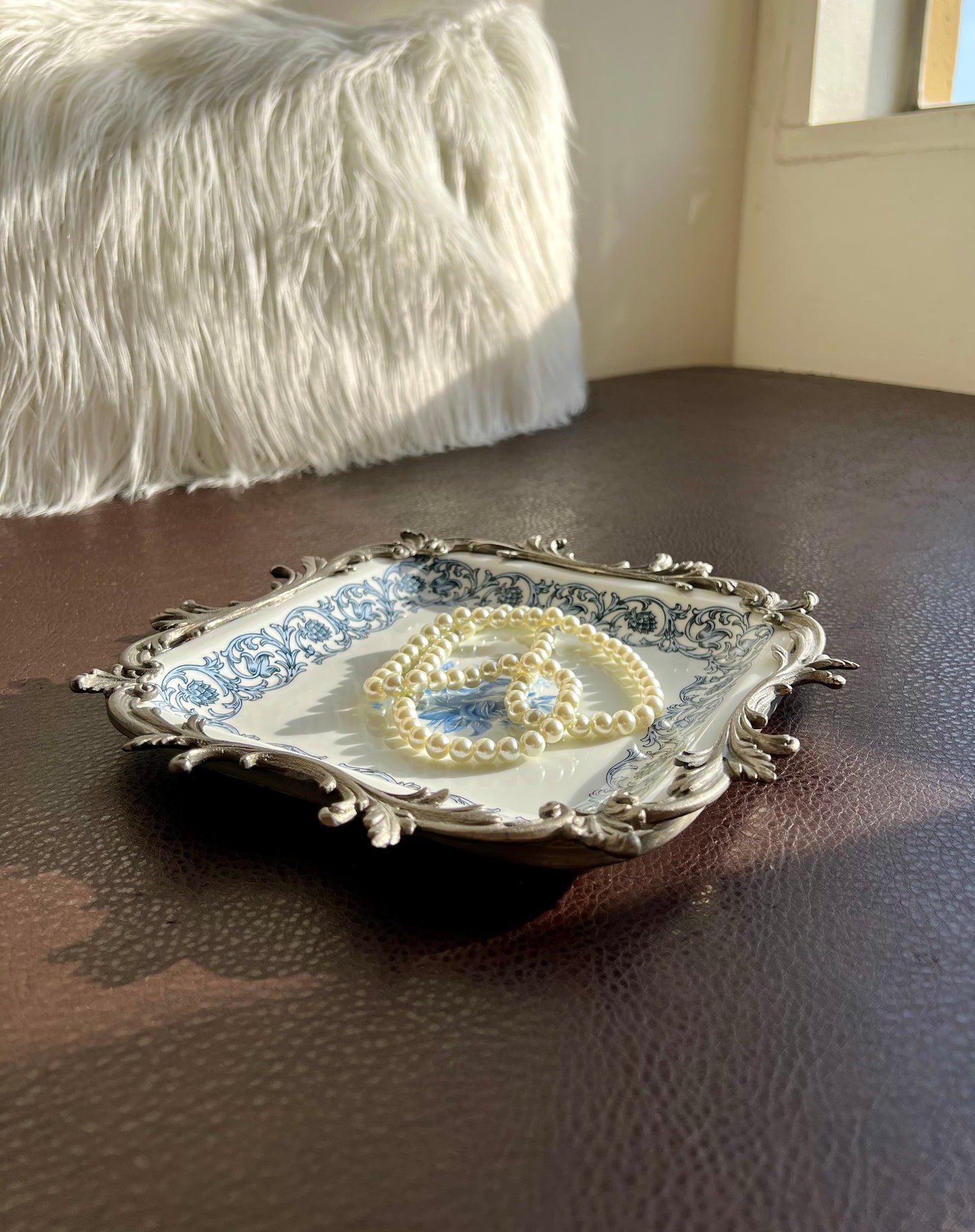 Bavaria Blue Floral Porcelain Square Plate with Decorative Metal Border