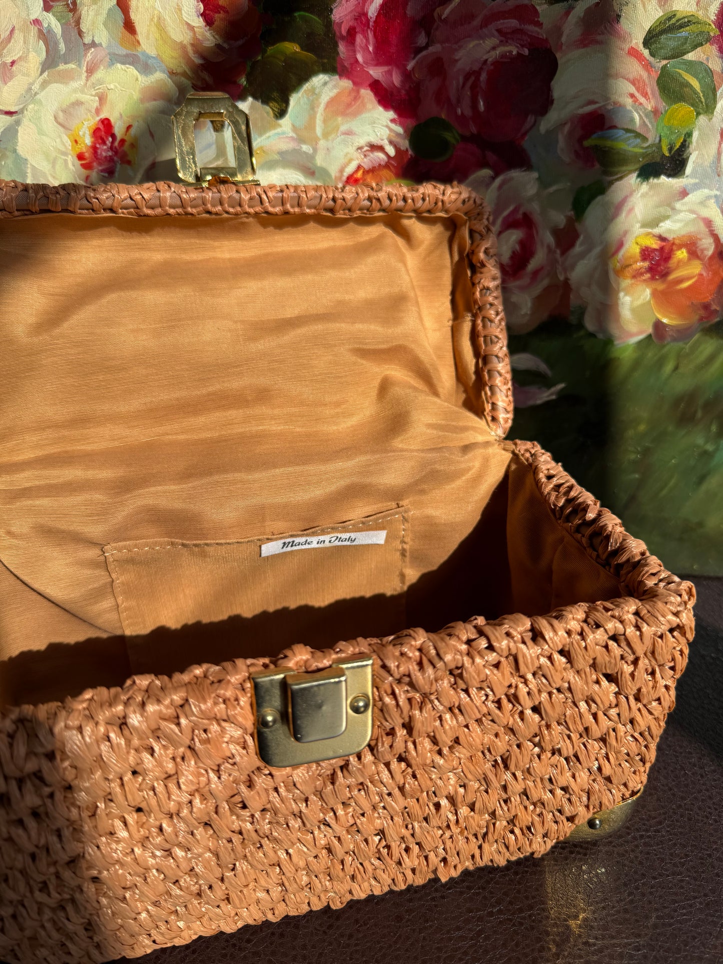 Italian Luxury Vintage Box Purse Mod Woven Raffia Brown Handbag, from the 50s or 60s