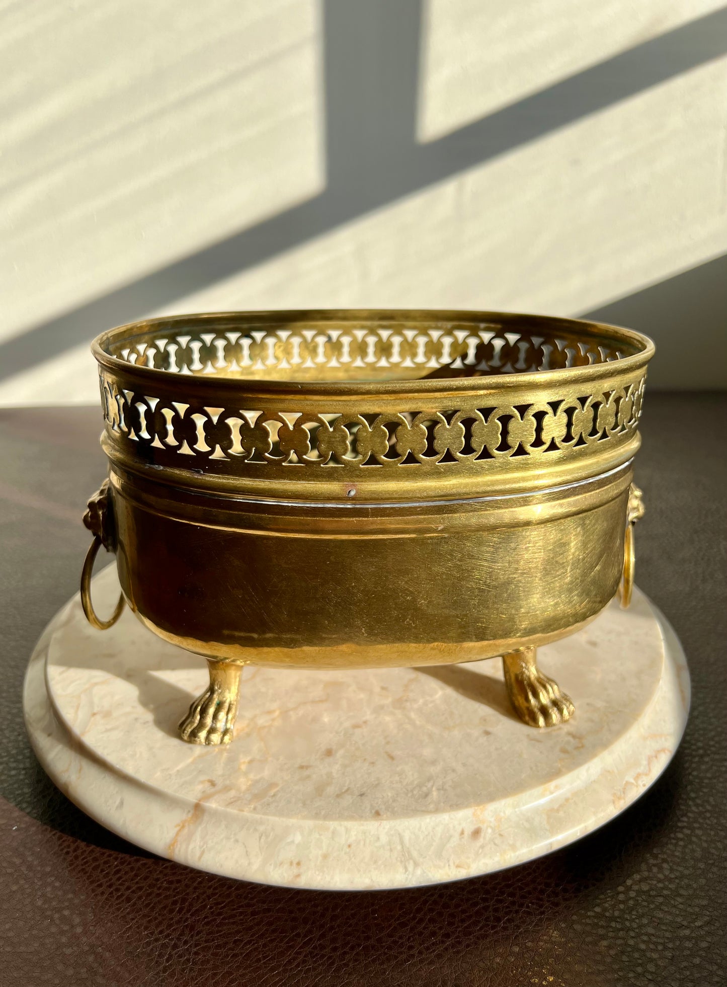 Spanish Antique/Vintage Brass Planter Jardinière Ornate on Four Lion Paws Footed and Two Lion Heads with Rings