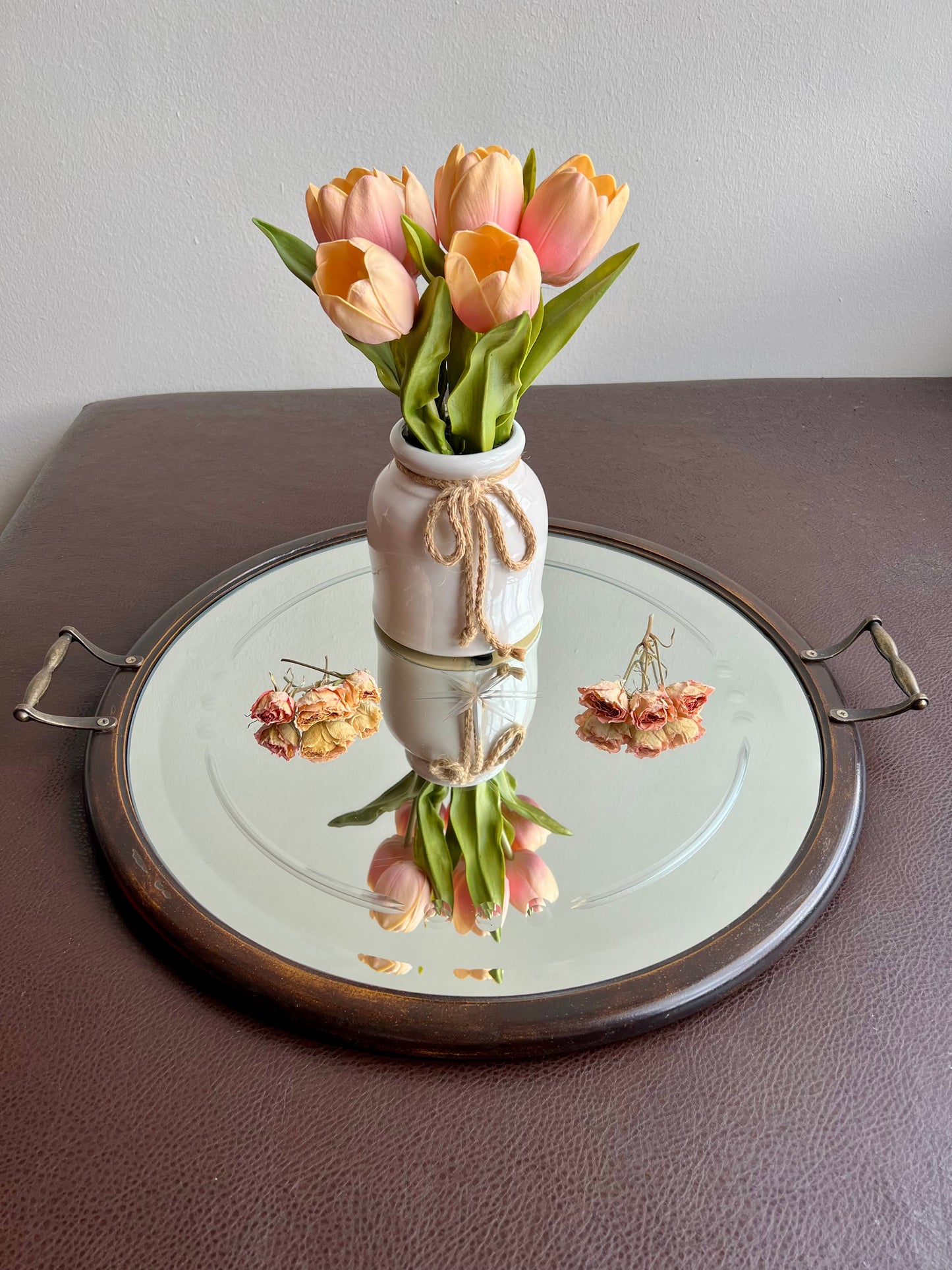 Big Wooden Table Mirror Tray Round Shaped with Two Brass Handles