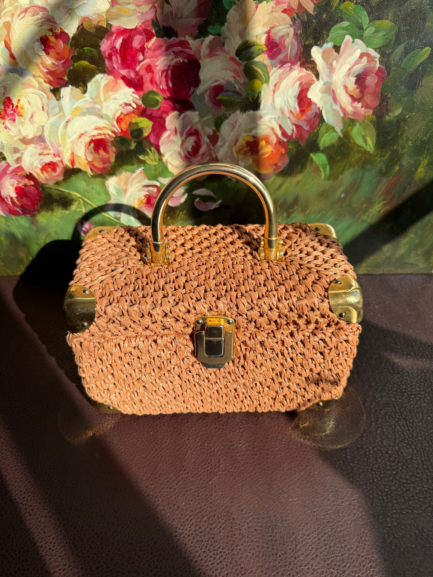 Italian Luxury Vintage Box Purse Mod Woven Raffia Brown Handbag, from the 50s or 60s