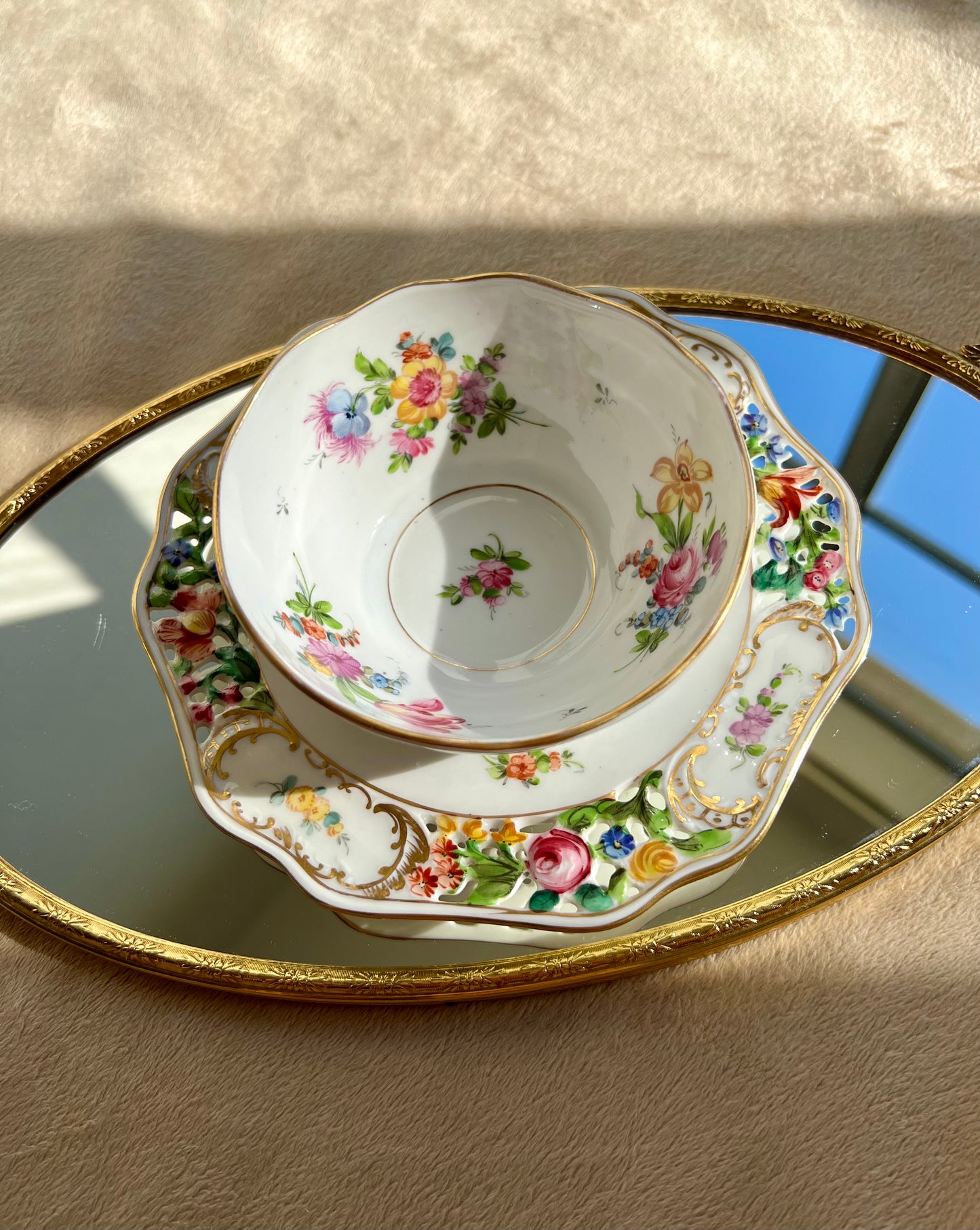 DRESDEN Carl Thieme Vintage Reticulated Roses Flower Porcelain Bowl & Underplate