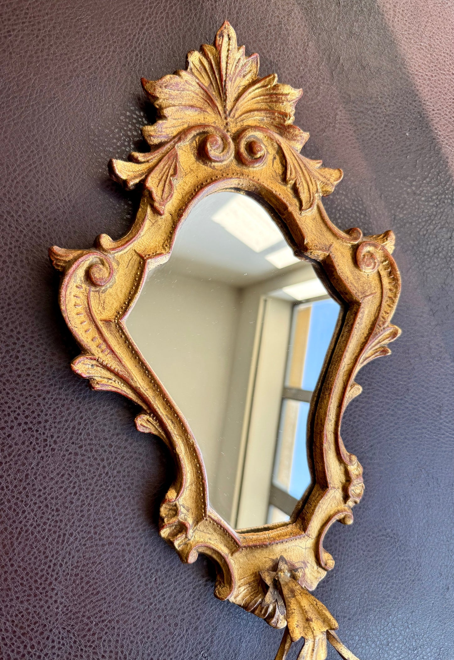1950s Italian Florentine Rococo Vintage Gilded Wood Wall Mirror with Metal Towel Holder