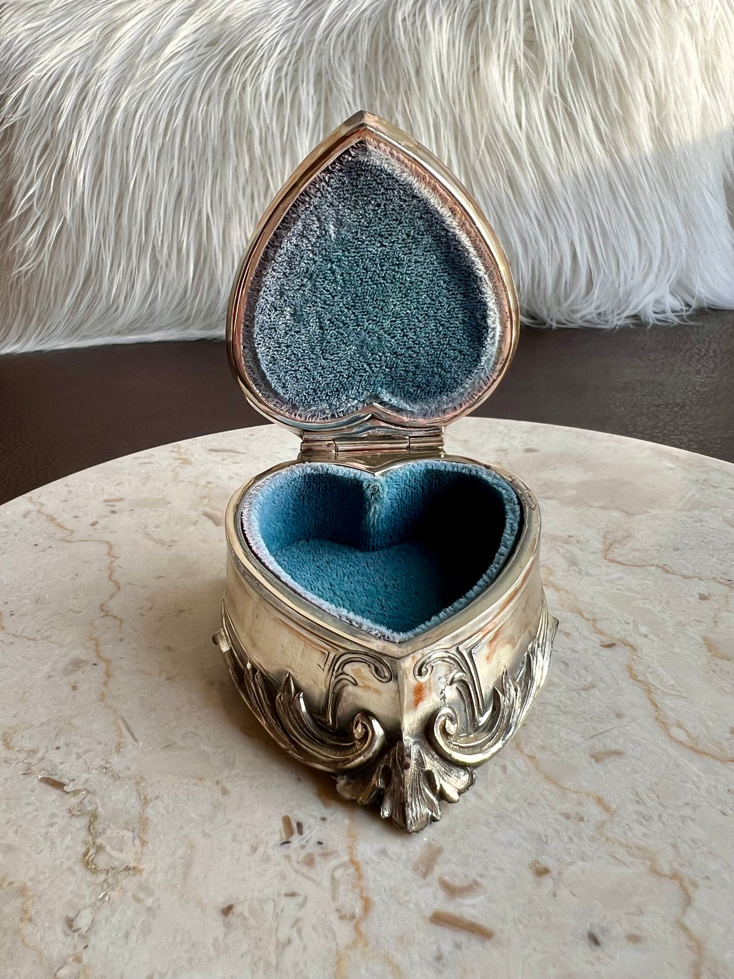 Antique Art Nouveau Silver Plated Heart Shaped Vintage Jewelry Ring Holder, Trinket Box, Blue Velvet Lined Interior