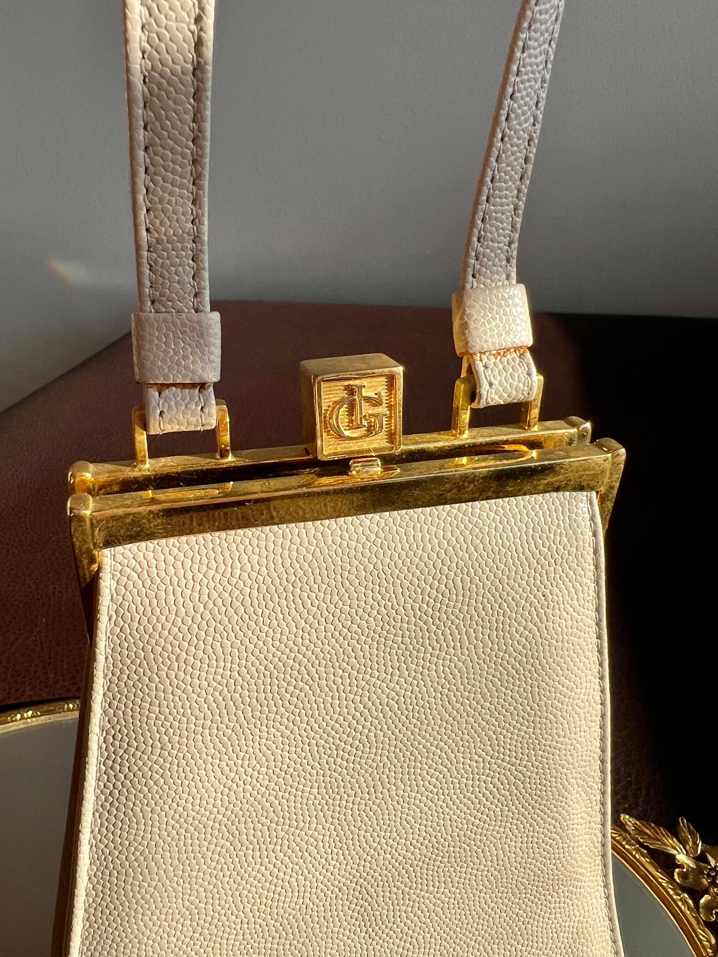 Italian Style Beige Luxury Vintage Elegant Faux Leather Handbag/ Purse with “IG”Monogram on the Gilded Opening Buckle