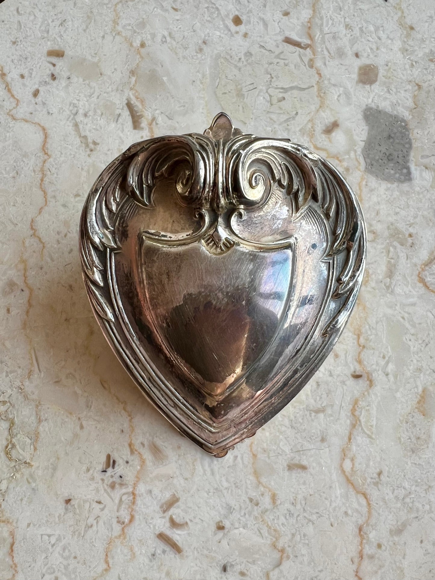 Antique Art Nouveau Silver Plated Heart Shaped Vintage Jewelry Ring Holder, Trinket Box, Blue Velvet Lined Interior