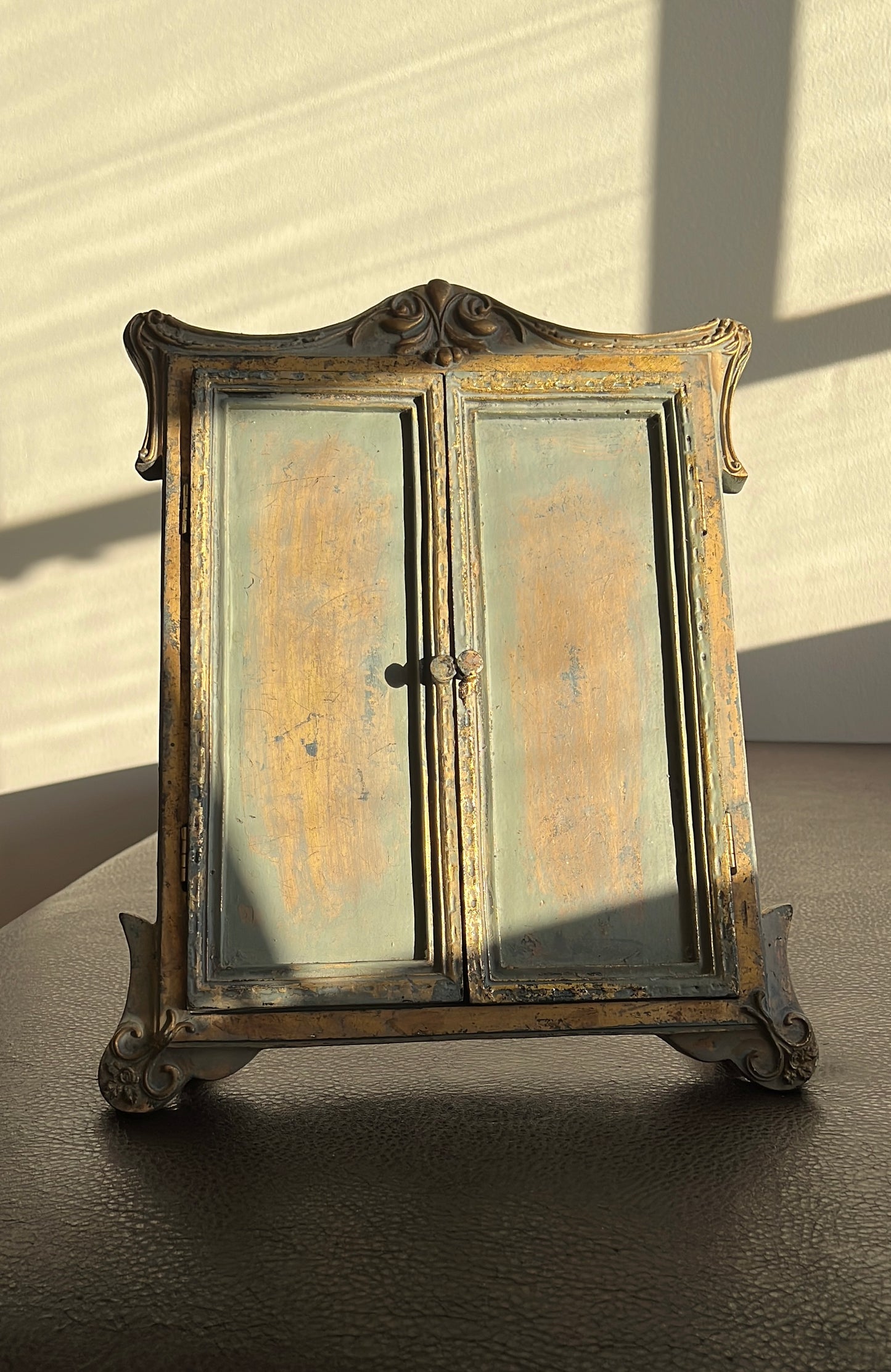 Antique Wood Look Framed Window Mirror With Open Doors