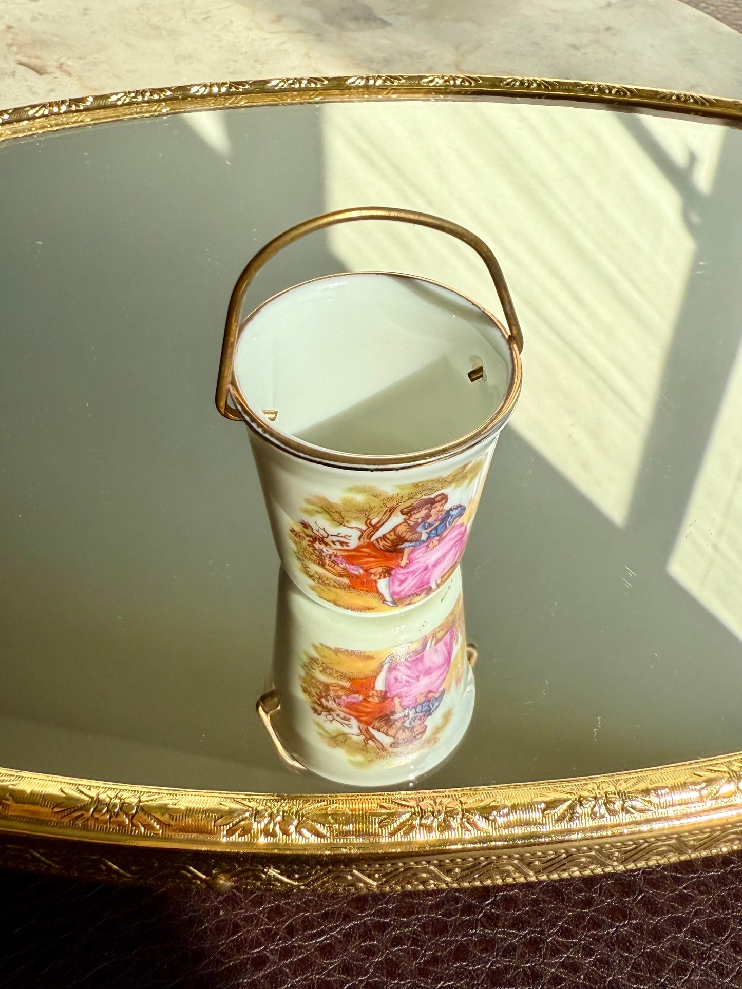 Limoges Miniature Vintage Porcelain Bucket/ Pail with Handle, Decorated with a Courting Couple, Made in France