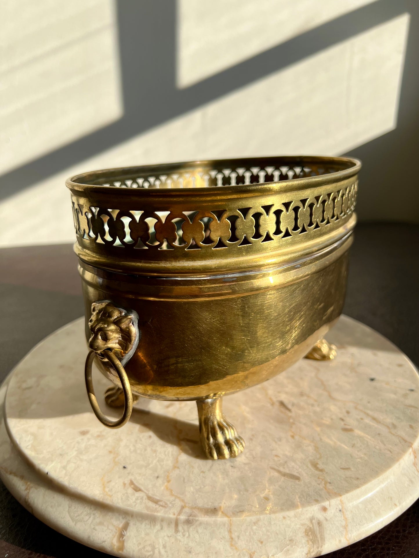 Spanish Antique/Vintage Brass Planter Jardinière Ornate on Four Lion Paws Footed and Two Lion Heads with Rings