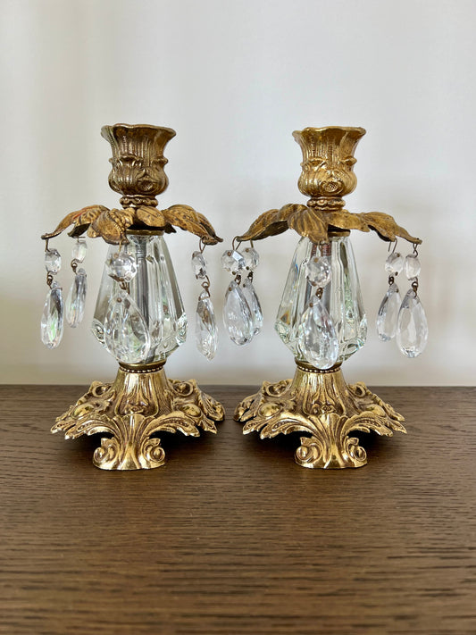 Beautiful Hollywood Regency Mid Century Vintage Gold Brass Candle Holders with Hanging Crystal Prisms - a Pair (2)
