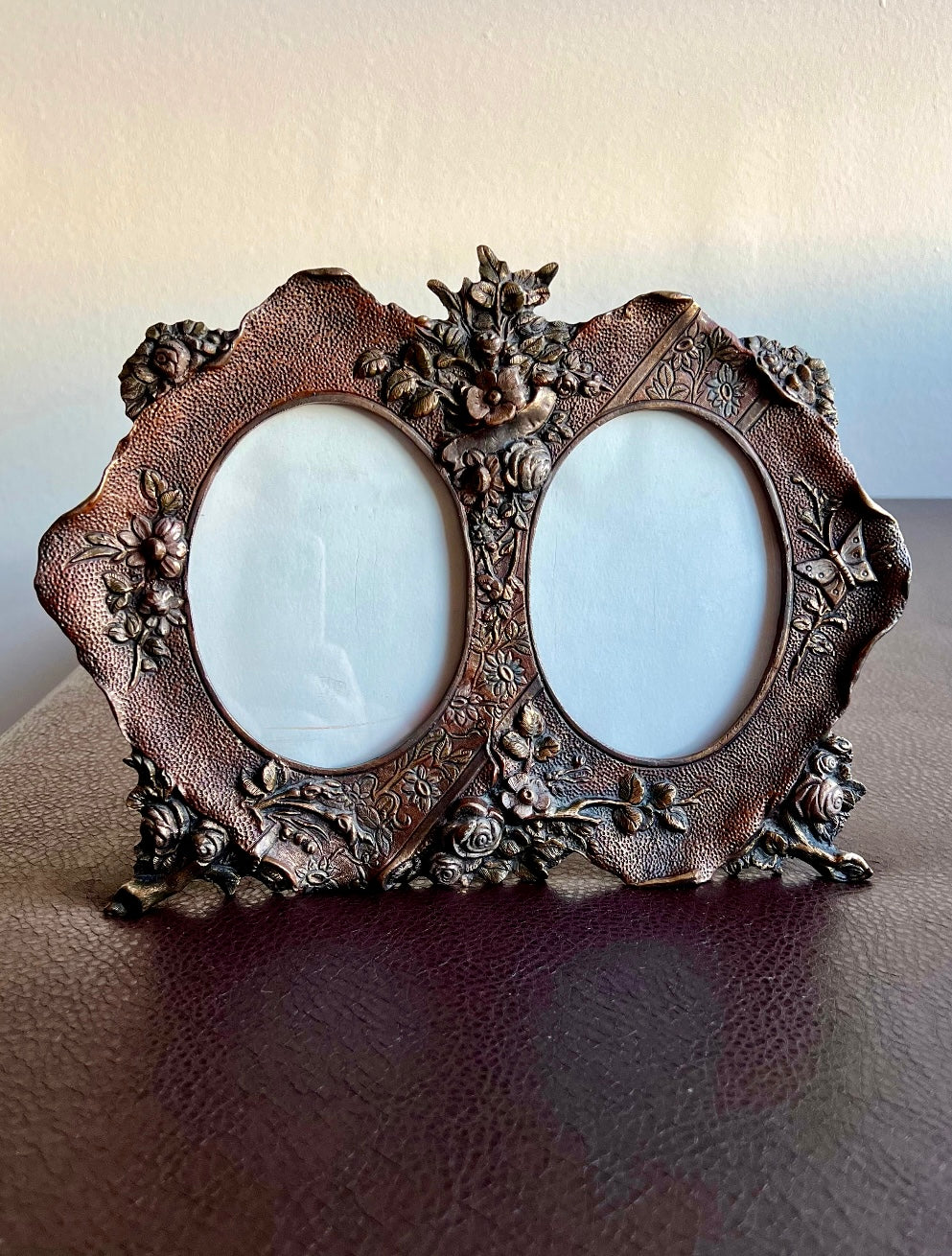 Antique Victorian Style Double Copper Decorative Oval Photo/ Picture Frame with Easel Back