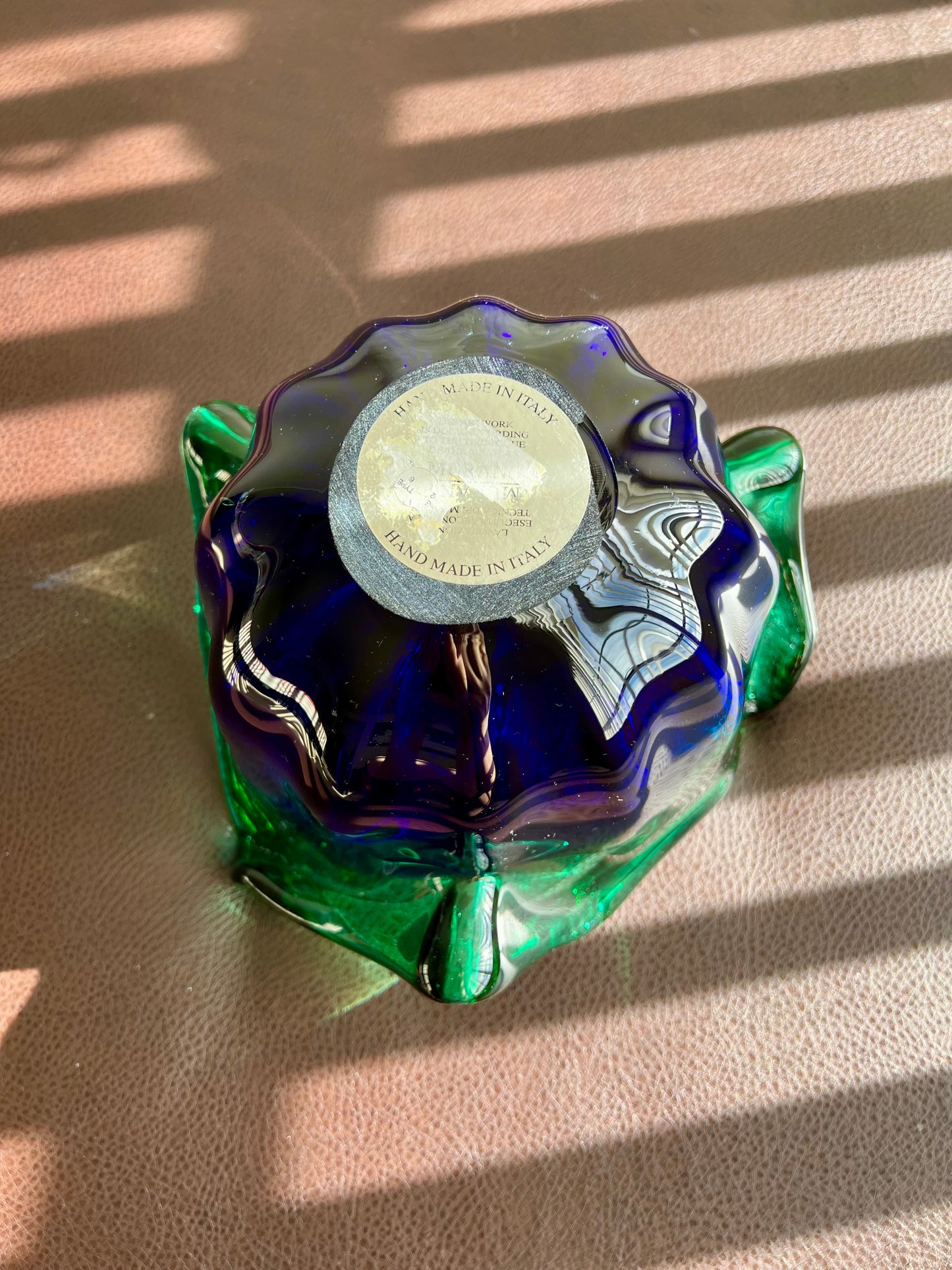 MURANO Blue and Green Extra Large Vintage White Crystal Glass Bowl, Decorative Dish or Vase - Made in Italy