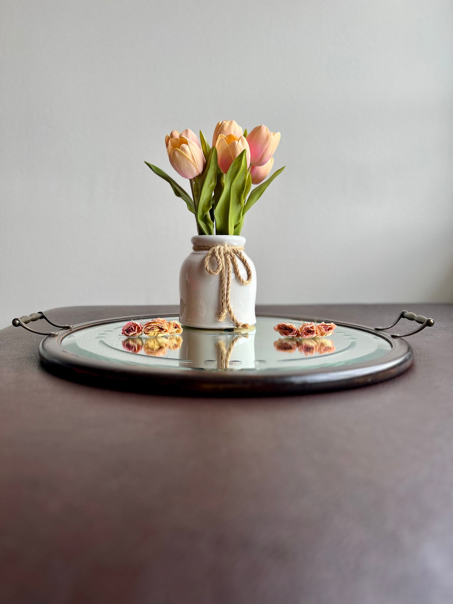 Big Wooden Table Mirror Tray Round Shaped with Two Brass Handles
