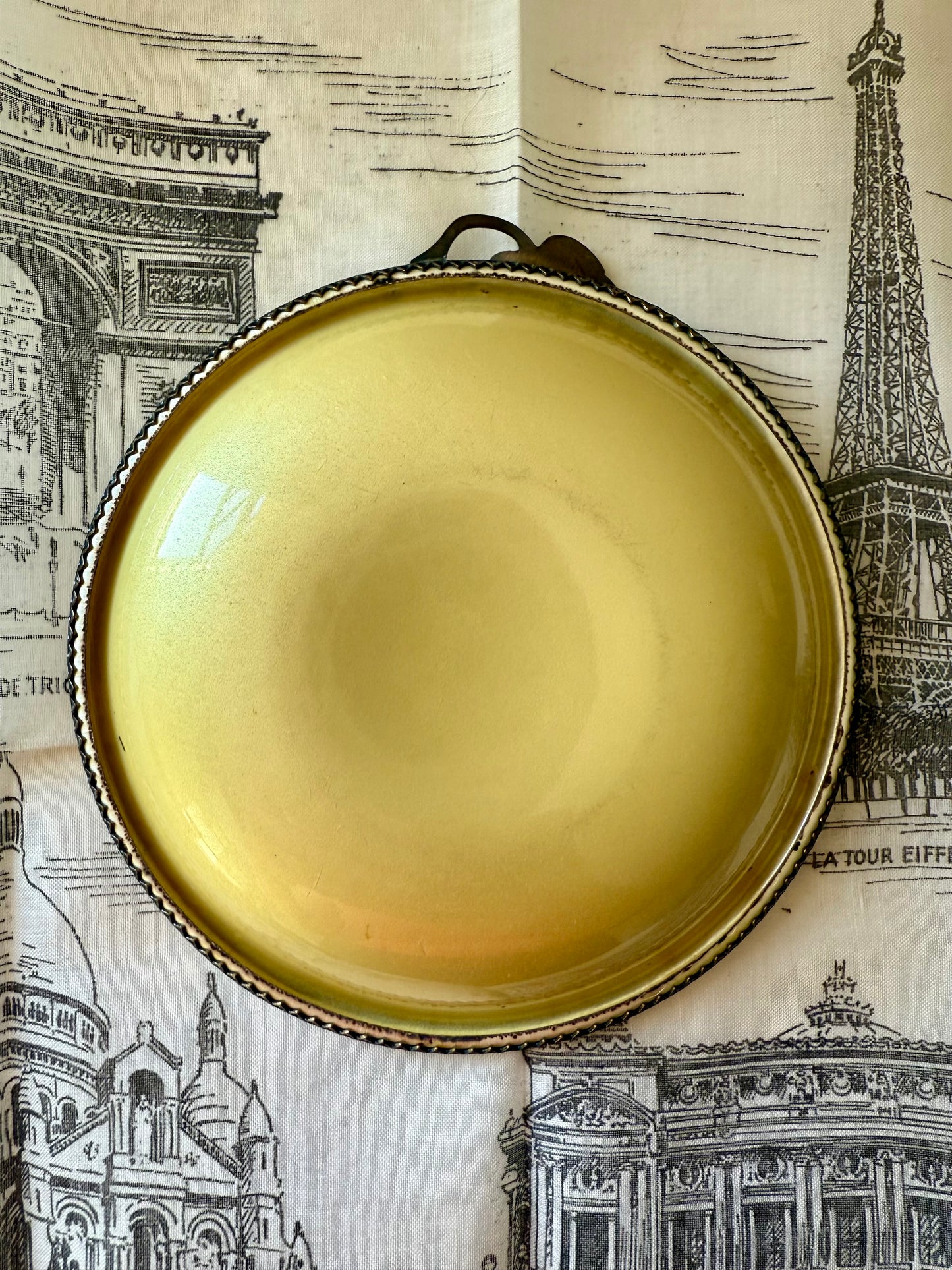 Vintage 1950s Small Yellow Round Guilloche Ashtray, Enamel on Metal Dish/ Plate or Jewelry Holder Tray with Leaf Decoration by Evans
