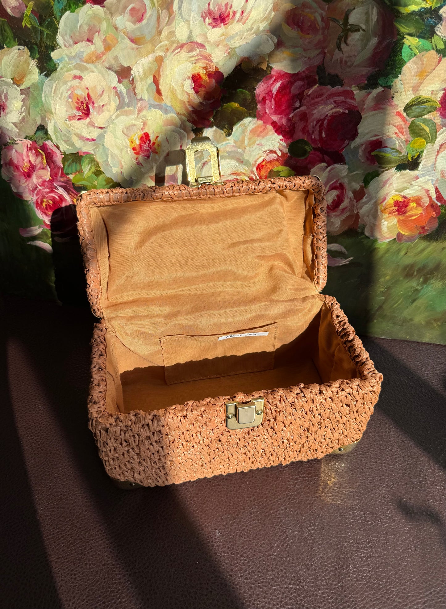 Italian Luxury Vintage Box Purse Mod Woven Raffia Brown Handbag, from the 50s or 60s