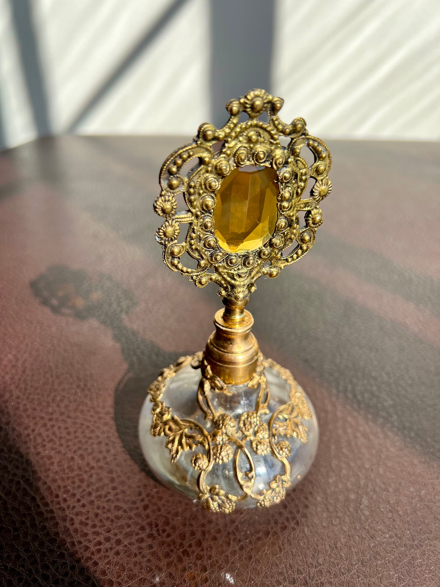 Gold Plated Ornate Perfume Bottle with Topaz Color Stone and Dauber, Ormolu Filigree