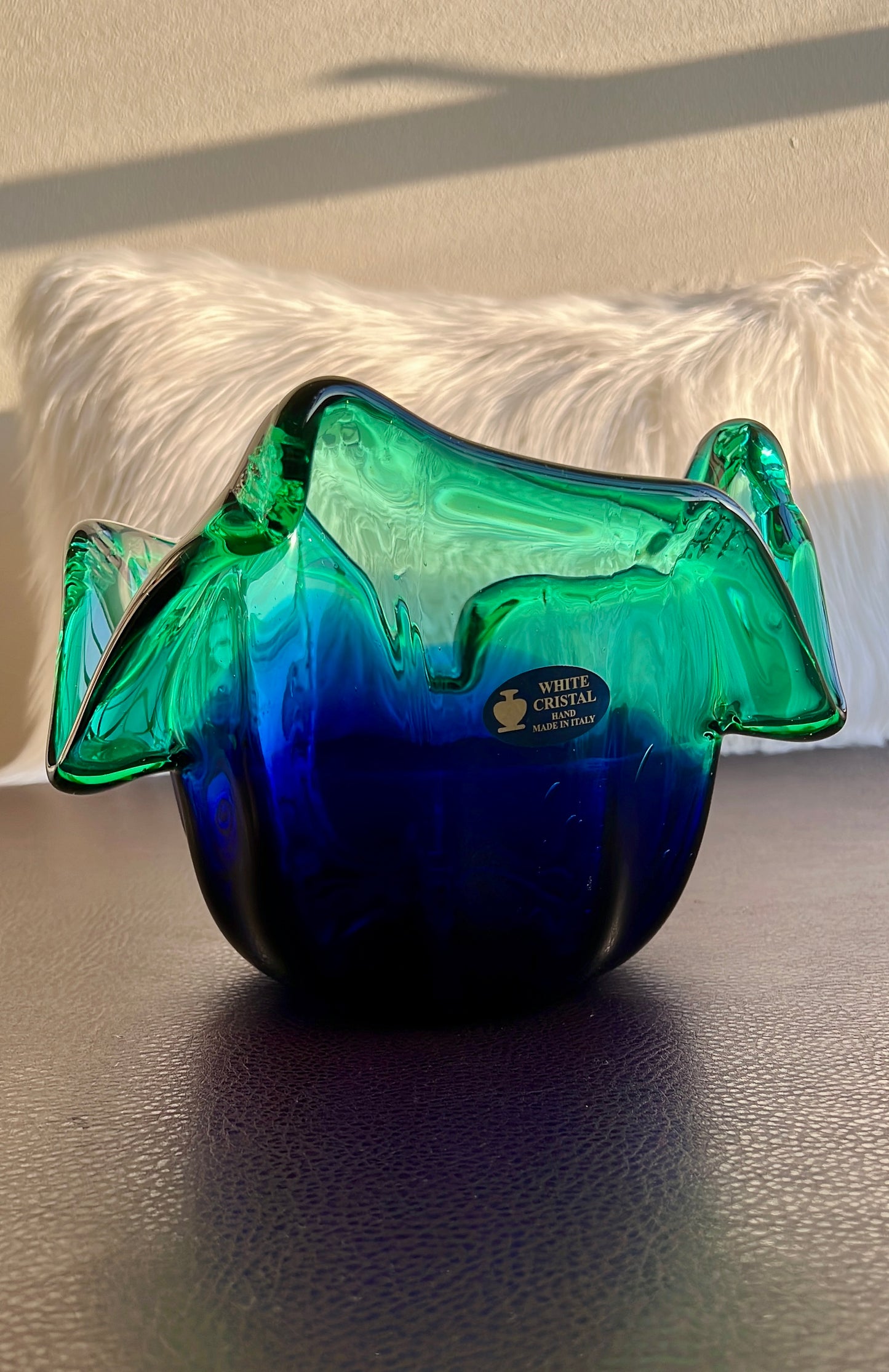 MURANO Blue and Green Extra Large Vintage White Crystal Glass Bowl, Decorative Dish or Vase - Made in Italy