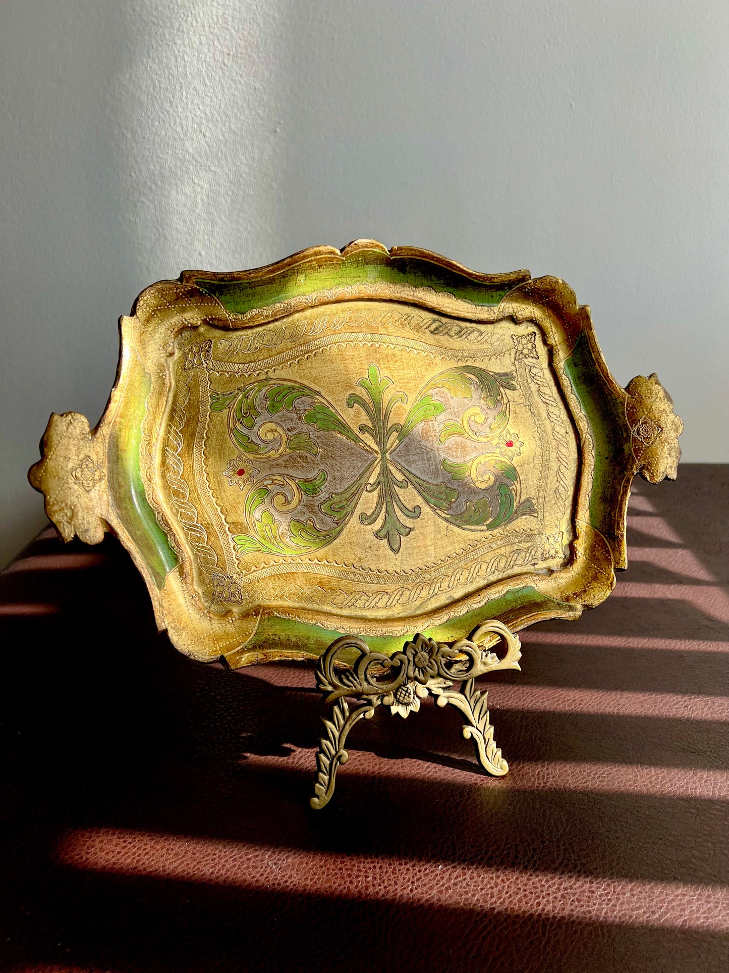 Florentine Italian Style Gold Gilded Vintage Decorative Wooden Tray Green and Gold