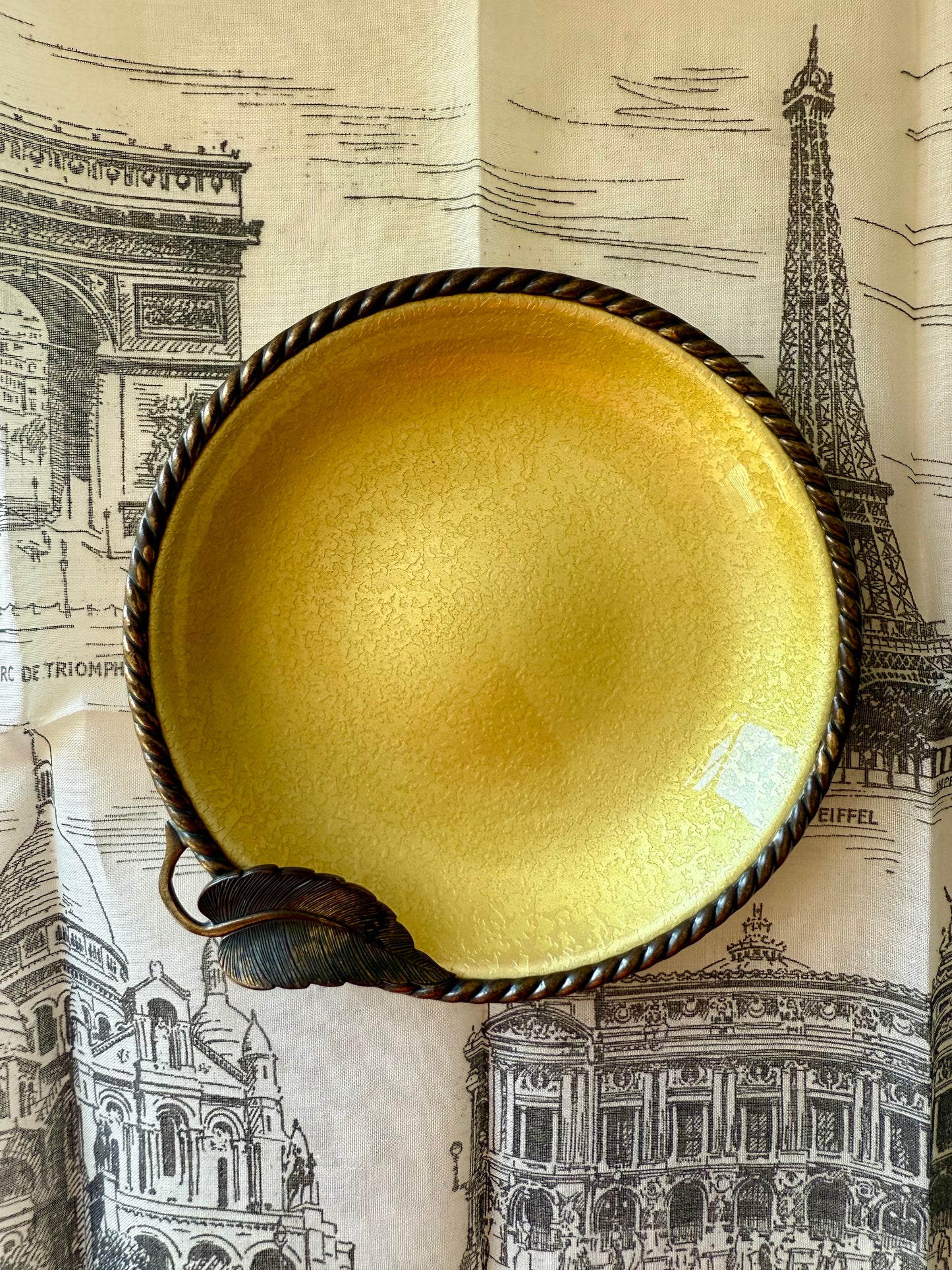 Vintage 1950s Small Yellow Round Guilloche Ashtray, Enamel on Metal Dish/ Plate or Jewelry Holder Tray with Leaf Decoration by Evans